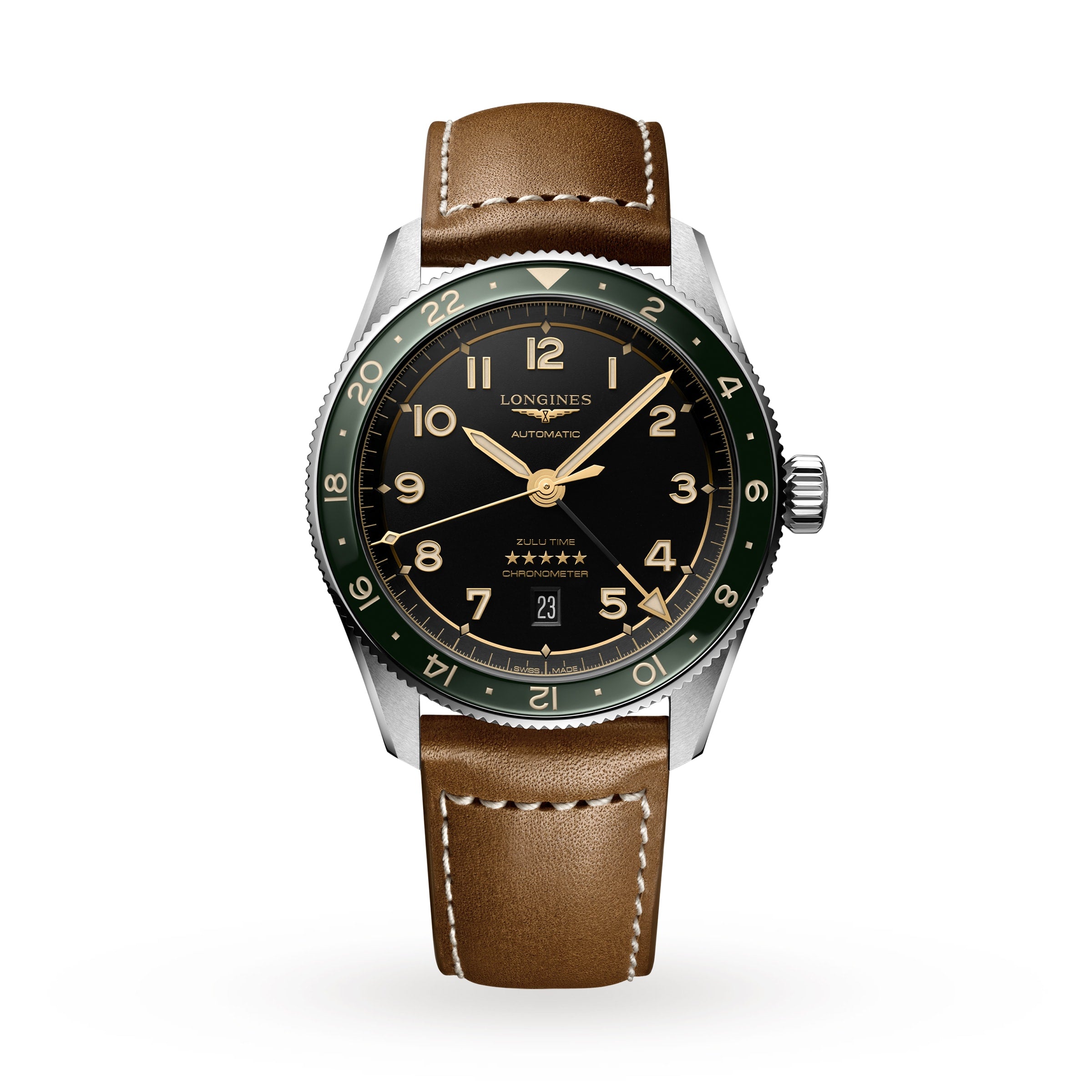 The Longines Spirit Zulu Time wristwatch features a black dial, green bezel, brown leather strap, stainless steel case, date at 6 o’clock, and shows the time as 10:09—an elegant nod to its iconic design.