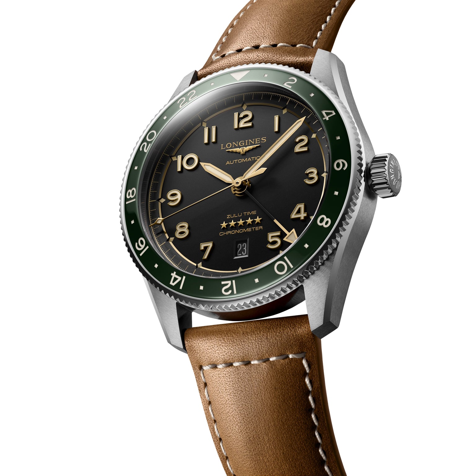 The Longines Spirit Zulu Time watch features a stainless steel case, black dial with gold numerals, green bezel, brown leather strap, and offers multiple time zones and date display.