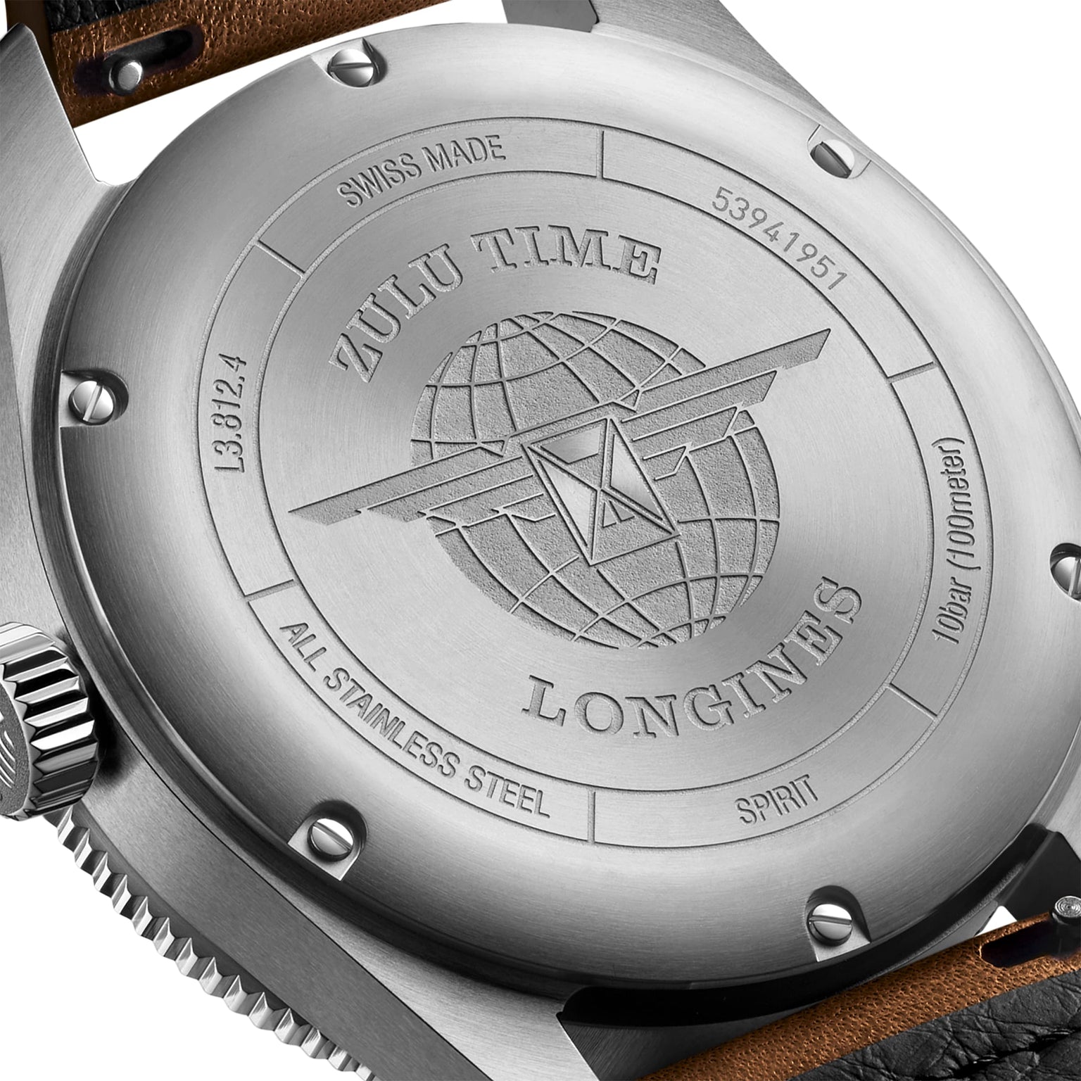 Close-up of the Longines Spirit Zulu Times stainless steel case back, featuring an engraved globe motif, brand logo, and technical specifications.