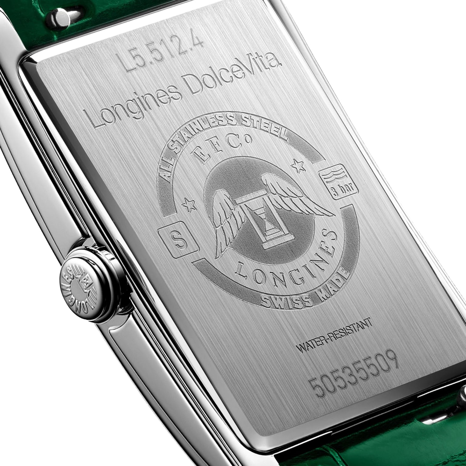 Close-up of the back of a Longines DolceVita watch, displaying engraved branding, model number L5.512.4, water resistance info, and a green leather strap. This timepiece uses a quartz calibre movement for precise timekeeping.