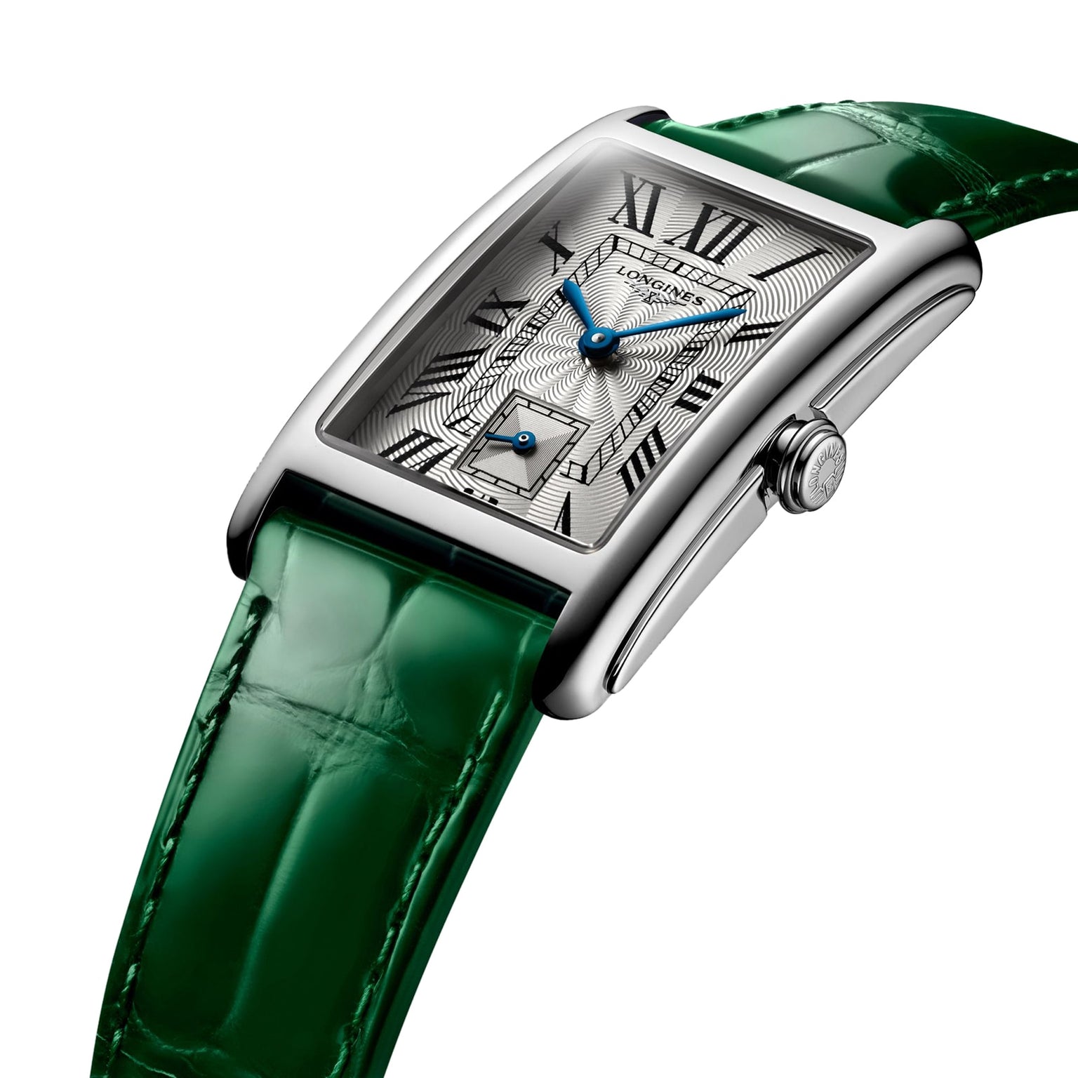 The Longines DolceVita, a rectangular silver watch with a patterned dial, Roman numerals, and a green leather strap, is shown at an angle.