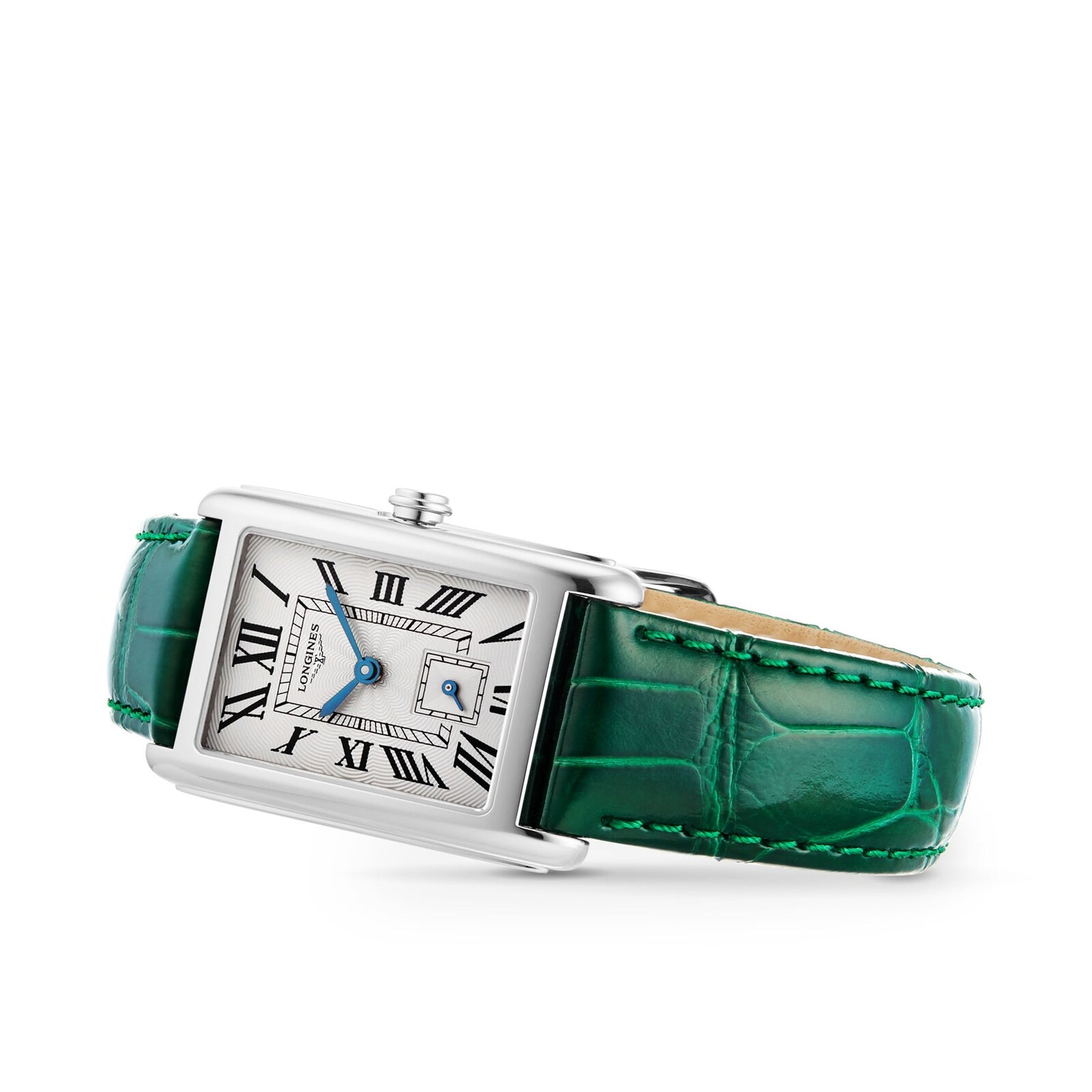 A Longines DolceVita rectangular silver wristwatch with a white dial, black Roman numerals, blue hands, quartz movement, date display, and green leather strap is shown against a white background.