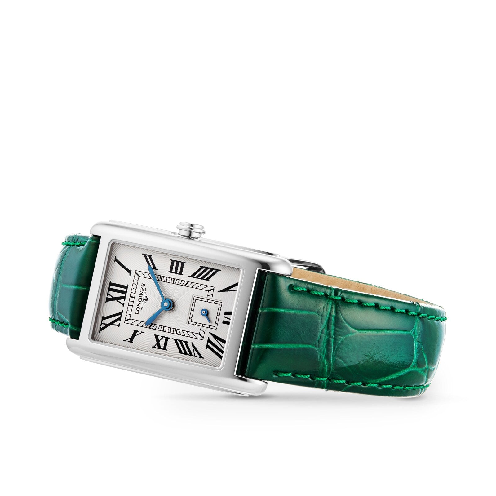 A Longines DolceVita rectangular silver wristwatch with a white dial, black Roman numerals, blue hands, quartz movement, date display, and green leather strap is shown against a white background.