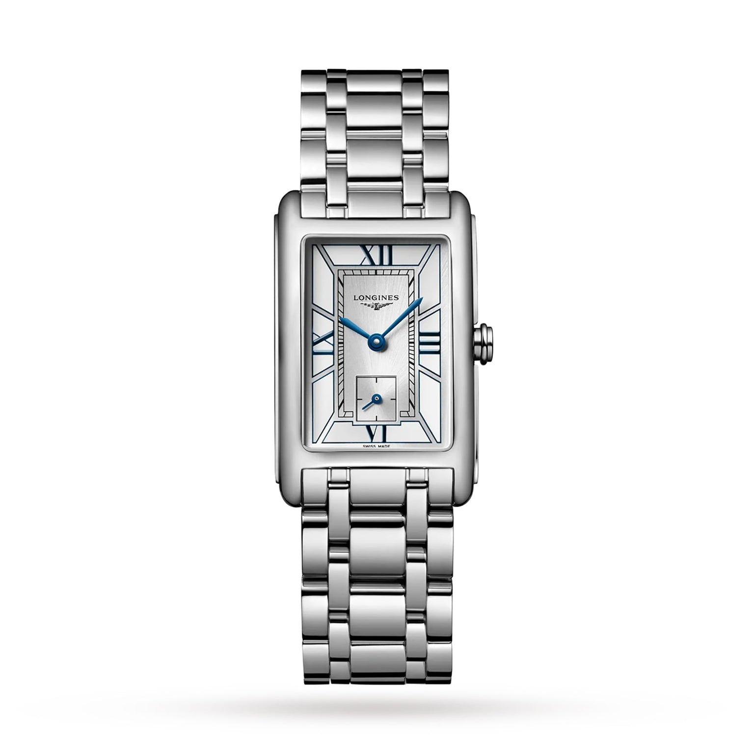 The Longines DolceVita is a rectangular silver wristwatch with a metal link band, Roman numeral markers, blue hands, subdial above 6 o’clock, and precise quartz movement—capturing the collection’s signature elegance.