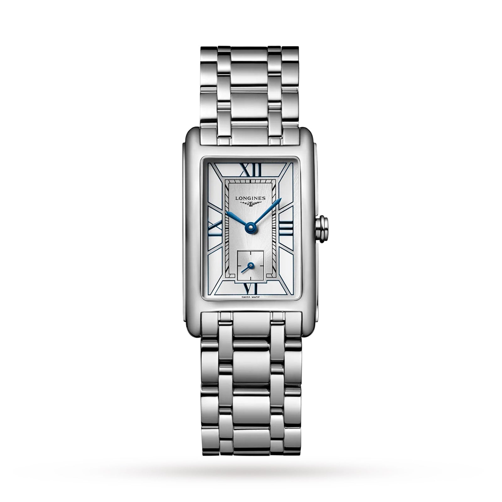 The Longines DolceVita is a rectangular silver wristwatch with a metal link band, Roman numeral markers, blue hands, subdial above 6 o’clock, and precise quartz movement—capturing the collection’s signature elegance.