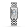 The Longines DolceVita is a rectangular silver wristwatch with a metal link band, Roman numeral markers, blue hands, subdial above 6 o’clock, and precise quartz movement—capturing the collection’s signature elegance.