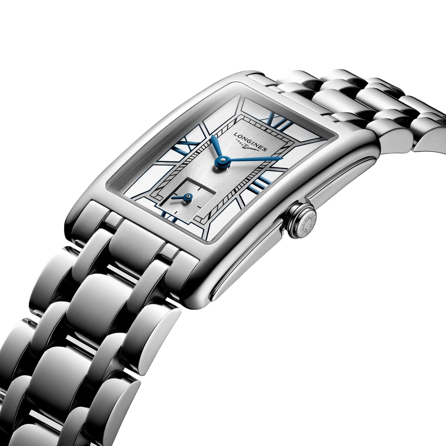 The Longines DolceVita is a silver rectangular wristwatch with blue hands, Roman numerals, and a stainless steel link bracelet.