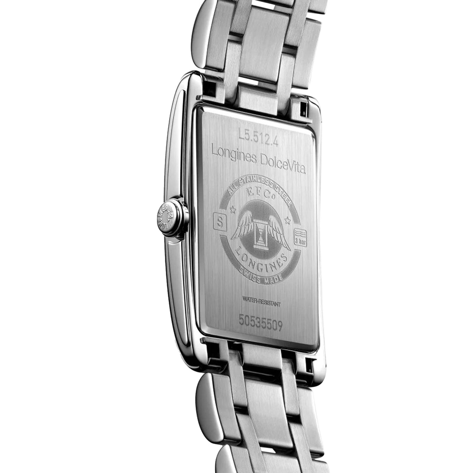 The back of this elegant Longines DolceVita features the etched logo, model details, unique serial number, and quartz movement hallmark.