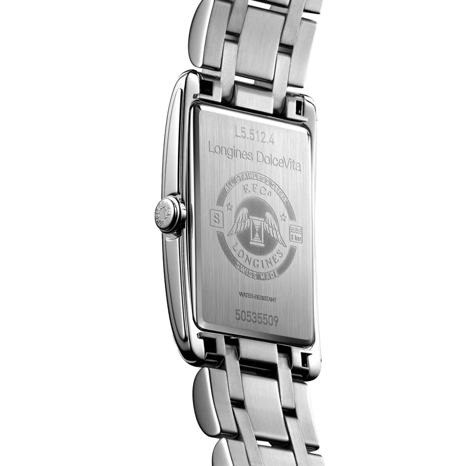 The back of this elegant Longines DolceVita features the etched logo, model details, unique serial number, and quartz movement hallmark.