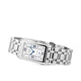 The Longines DolceVita wristwatch features a rectangular silver case, metal link bracelet, white dial with Roman numerals, blue hands, and quartz movement, combining timeless elegance with Swiss precision.