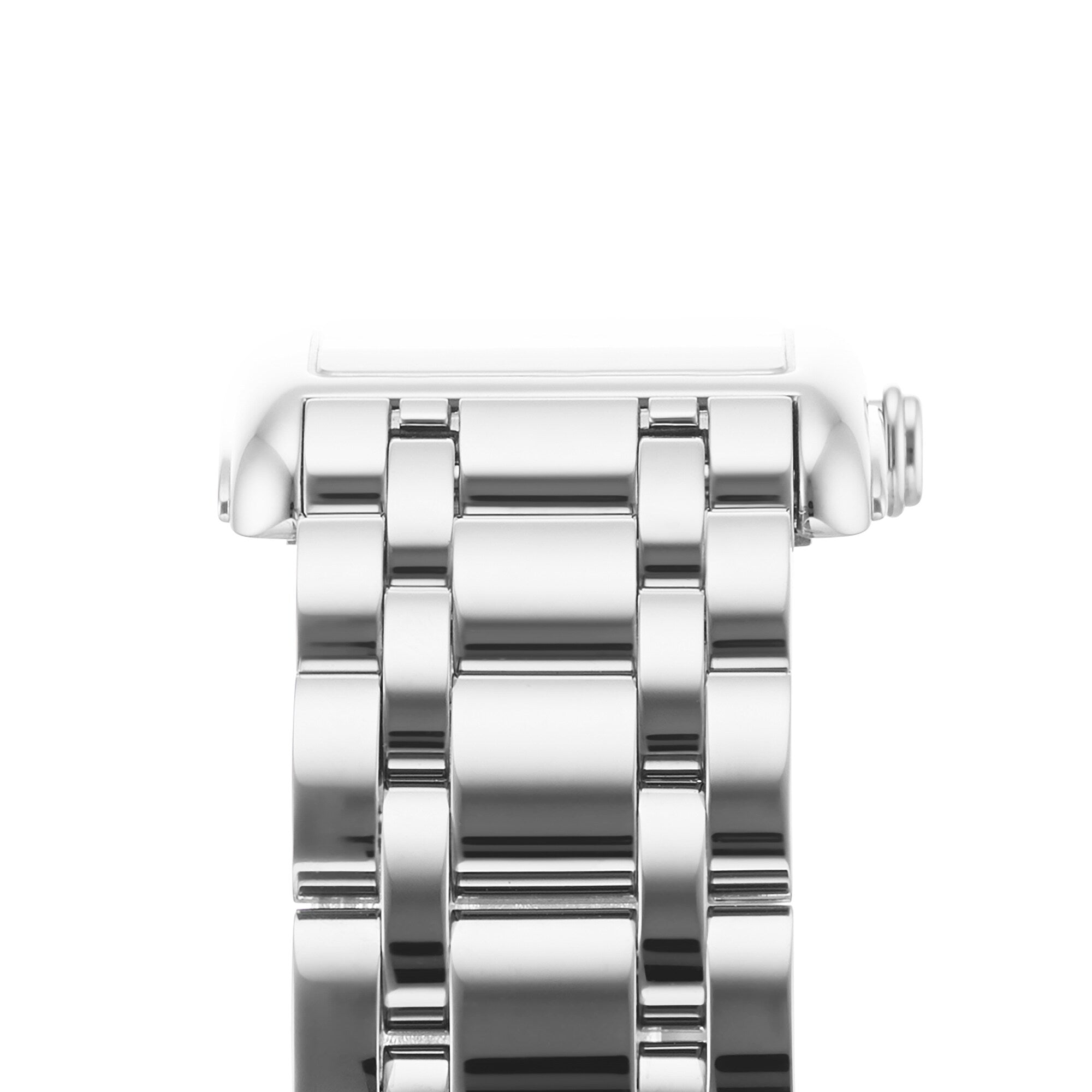 Close-up of a silver metal watch band attached to a partially visible Longines DolceVita case, highlighting the refined elegance of its design on a white background.