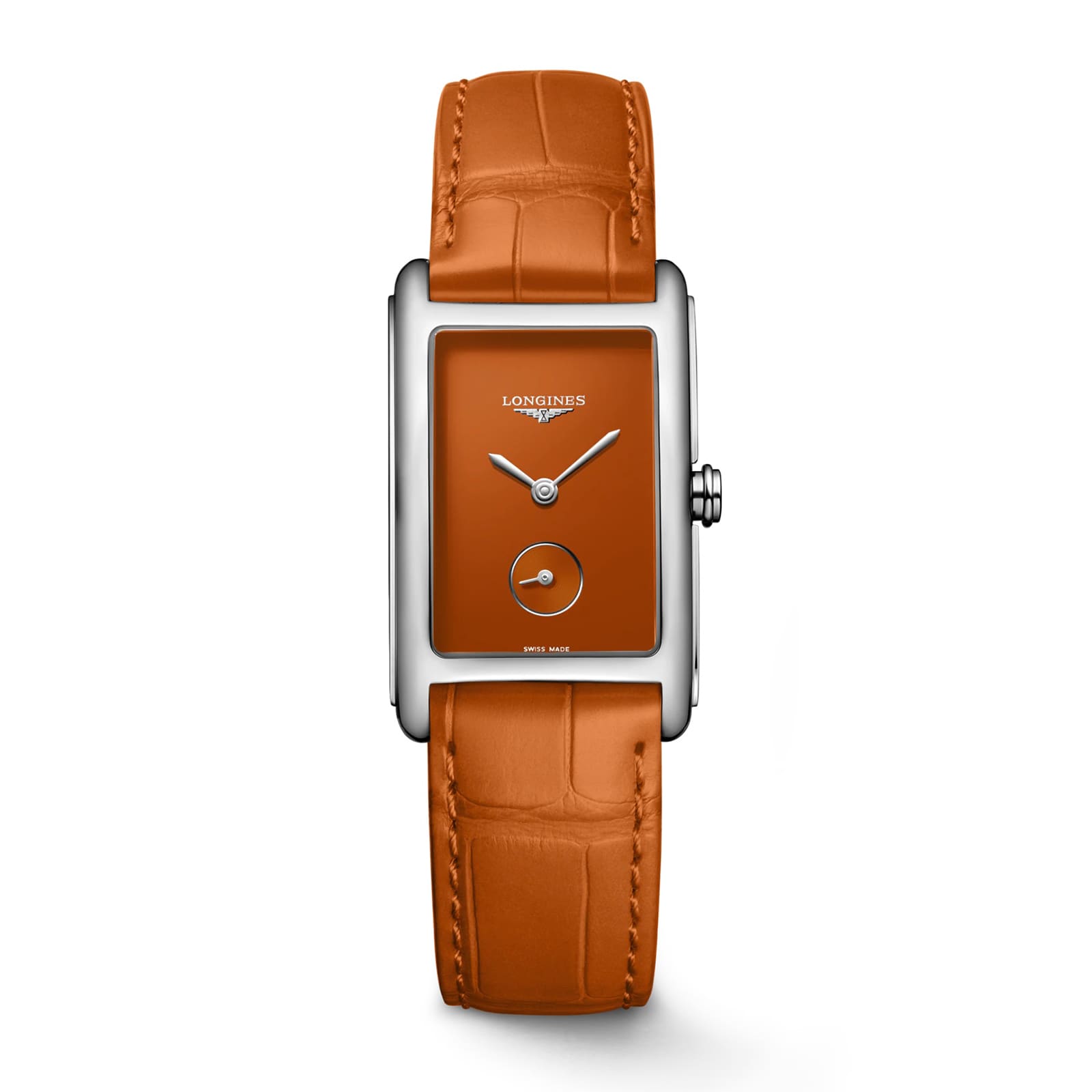 The Longines DolceVita Monochrome is a rectangular silver wristwatch with an orange dial and matching leather strap, featuring a small seconds subdial and quartz movement for timeless elegance.