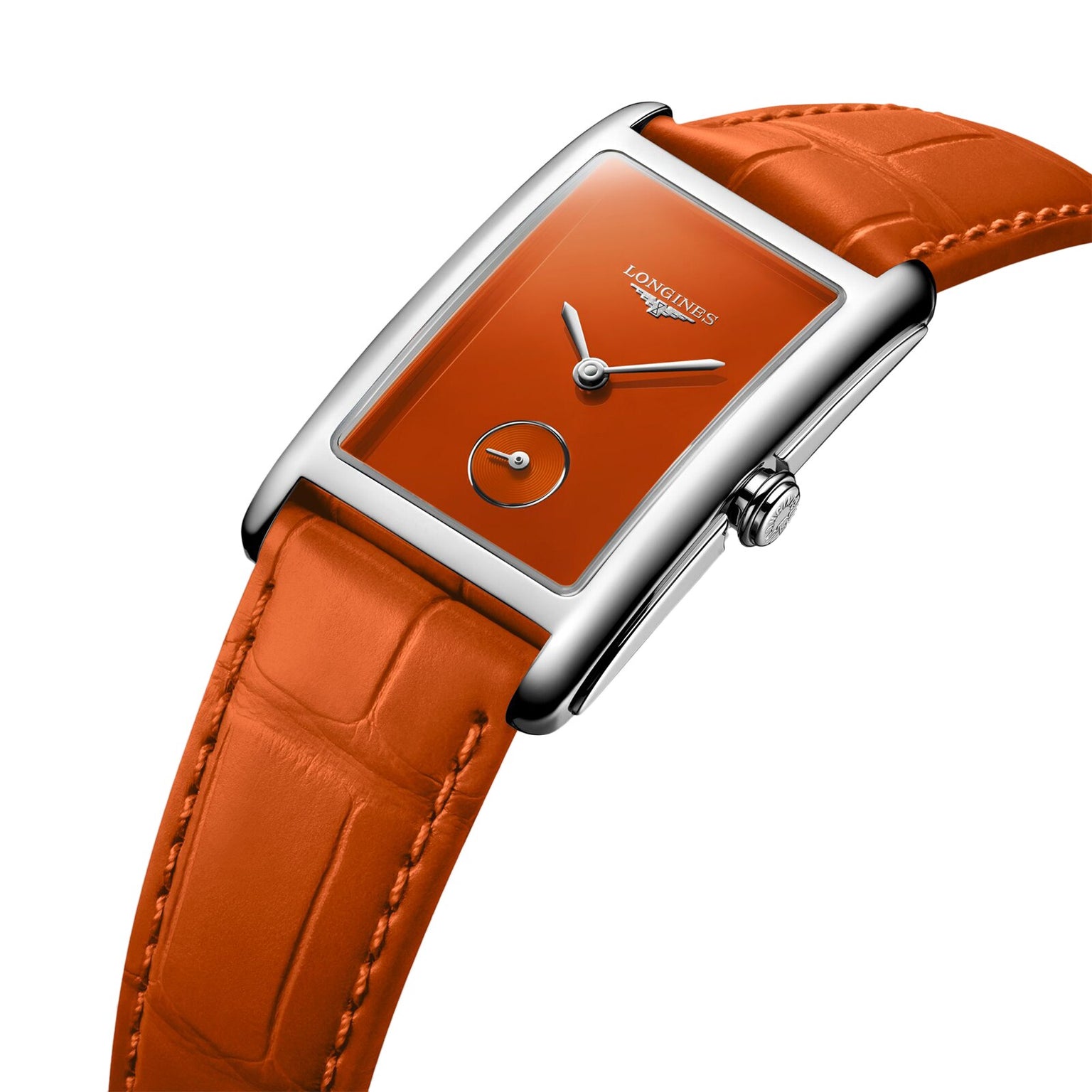 The Longines DolceVita Monochrome features a rectangular silver case, orange dial with small seconds subdial, matching leather strap, and precise quartz movement, beautifully photographed on a white background.