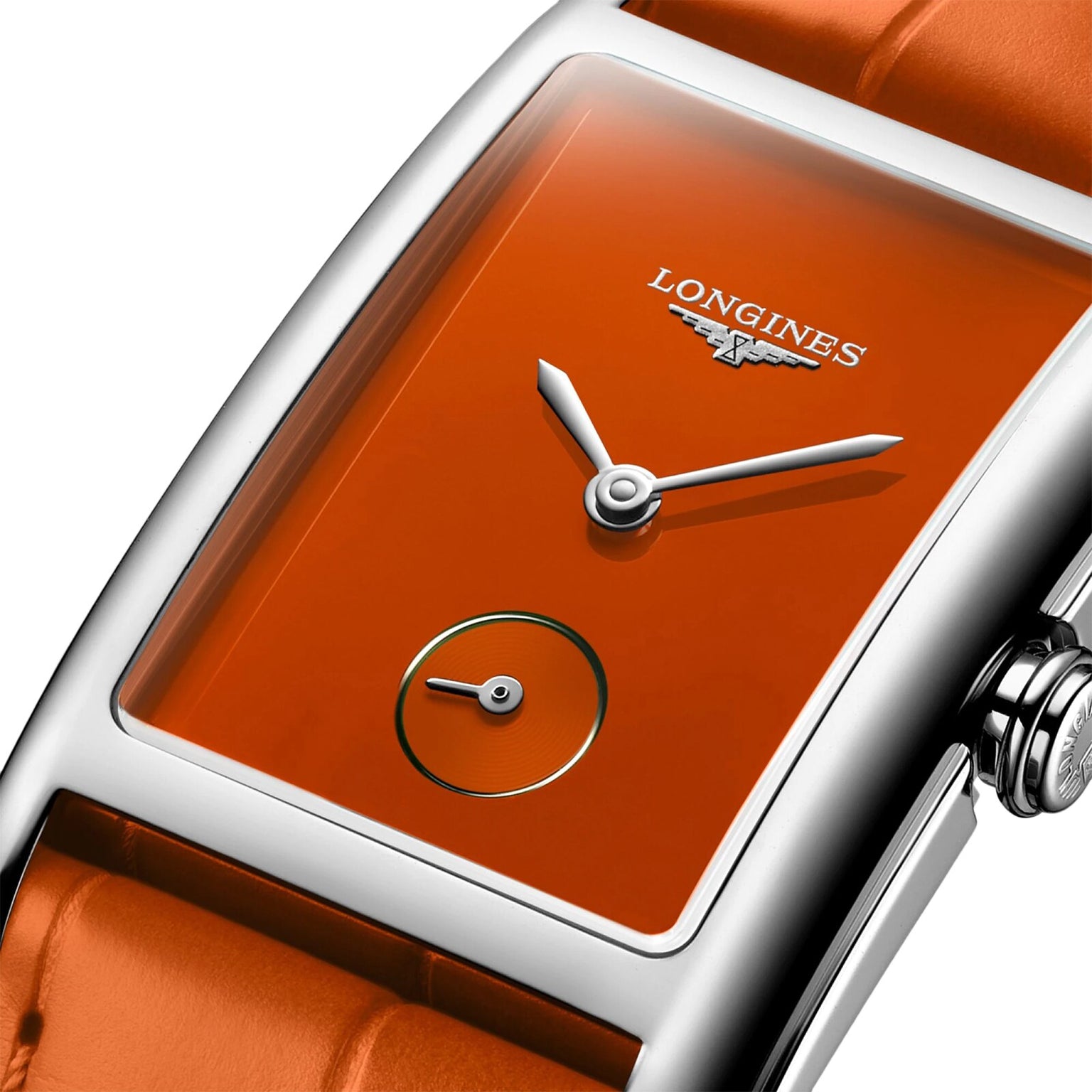 Close-up of the Longines DolceVita Monochrome: a rectangular wristwatch with an orange dial and matching leather strap, silver hands, small seconds subdial, and the elegance of its refined quartz movement.