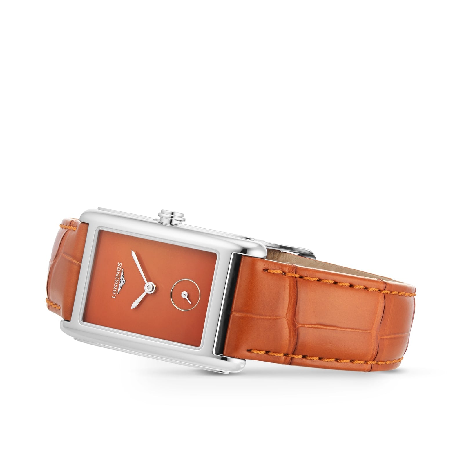 The Longines DolceVita Monochrome features a rectangular silver case, orange dial with minimal markings, and an orange stitched leather strap, all angled on a white background—showcasing refined quartz elegance.