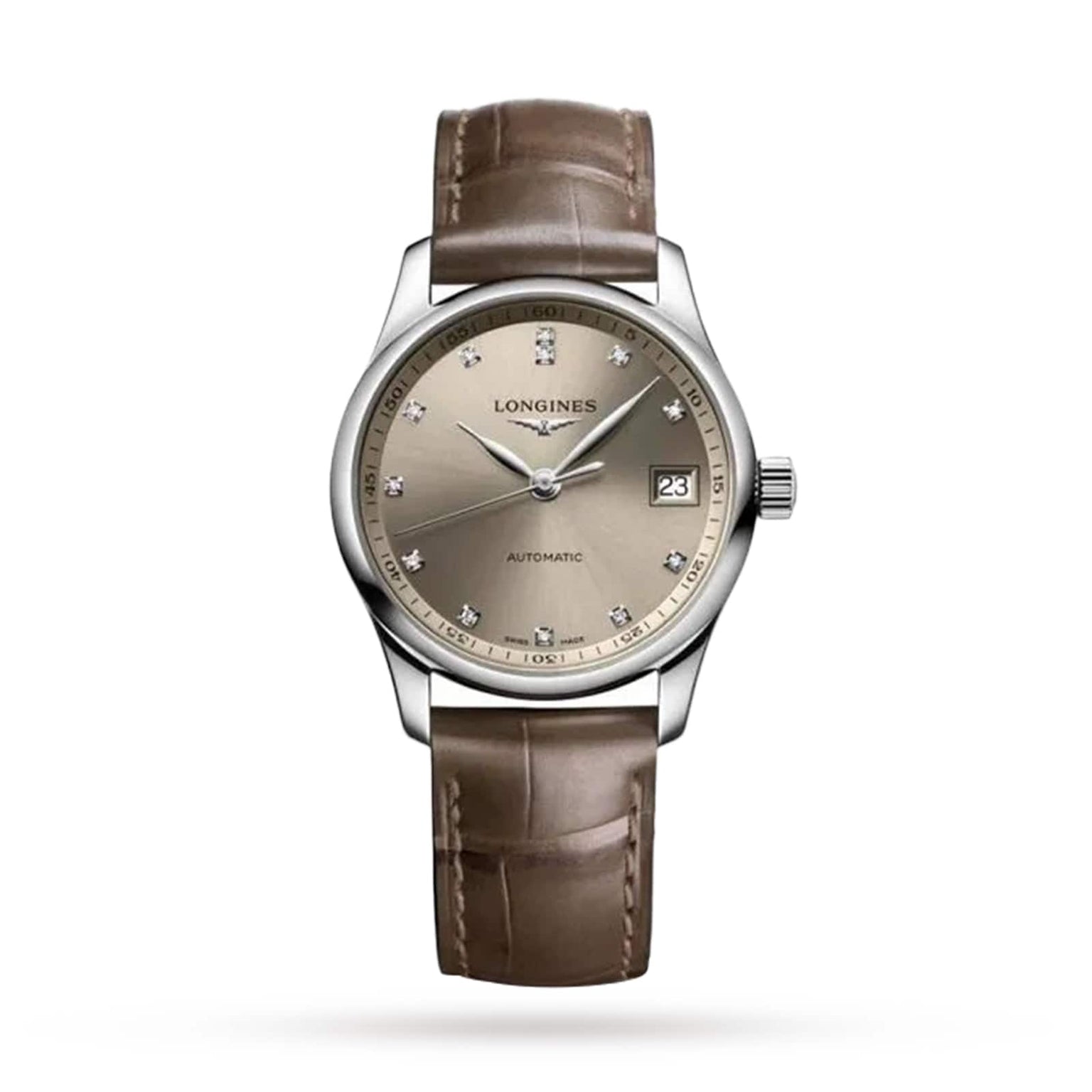 The Longines Master Collection watch features a silver case, taupe leather strap, beige dial with diamond hour markers, date at 3 o’clock, and “Automatic” above 6—a refined luxury timepiece with automatic movement.