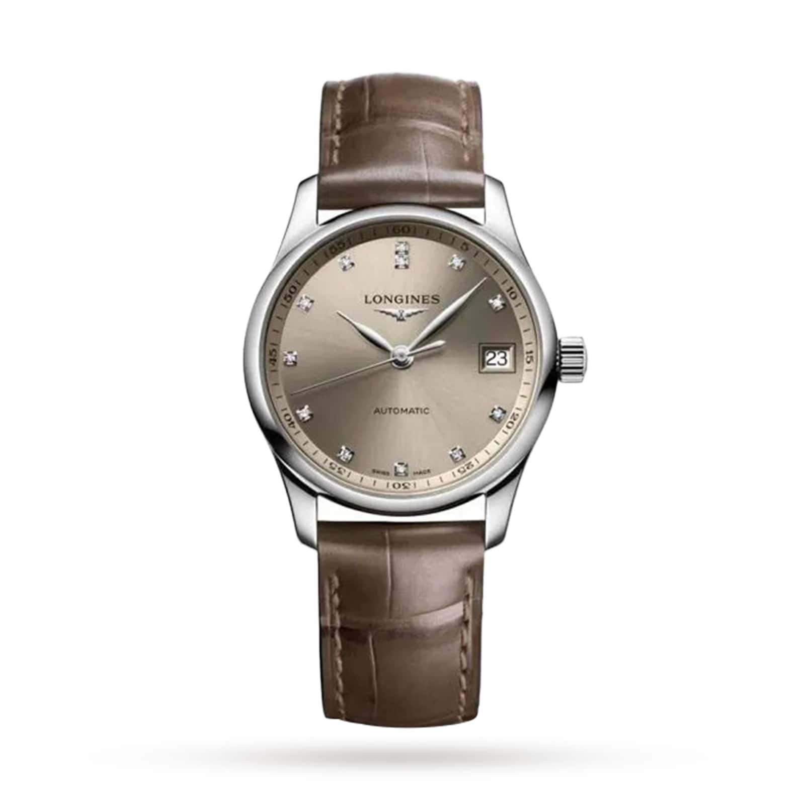 The Longines Master Collection watch features a silver case, taupe leather strap, beige dial with diamond hour markers, date at 3 o’clock, and “Automatic” above 6—a refined luxury timepiece with automatic movement.