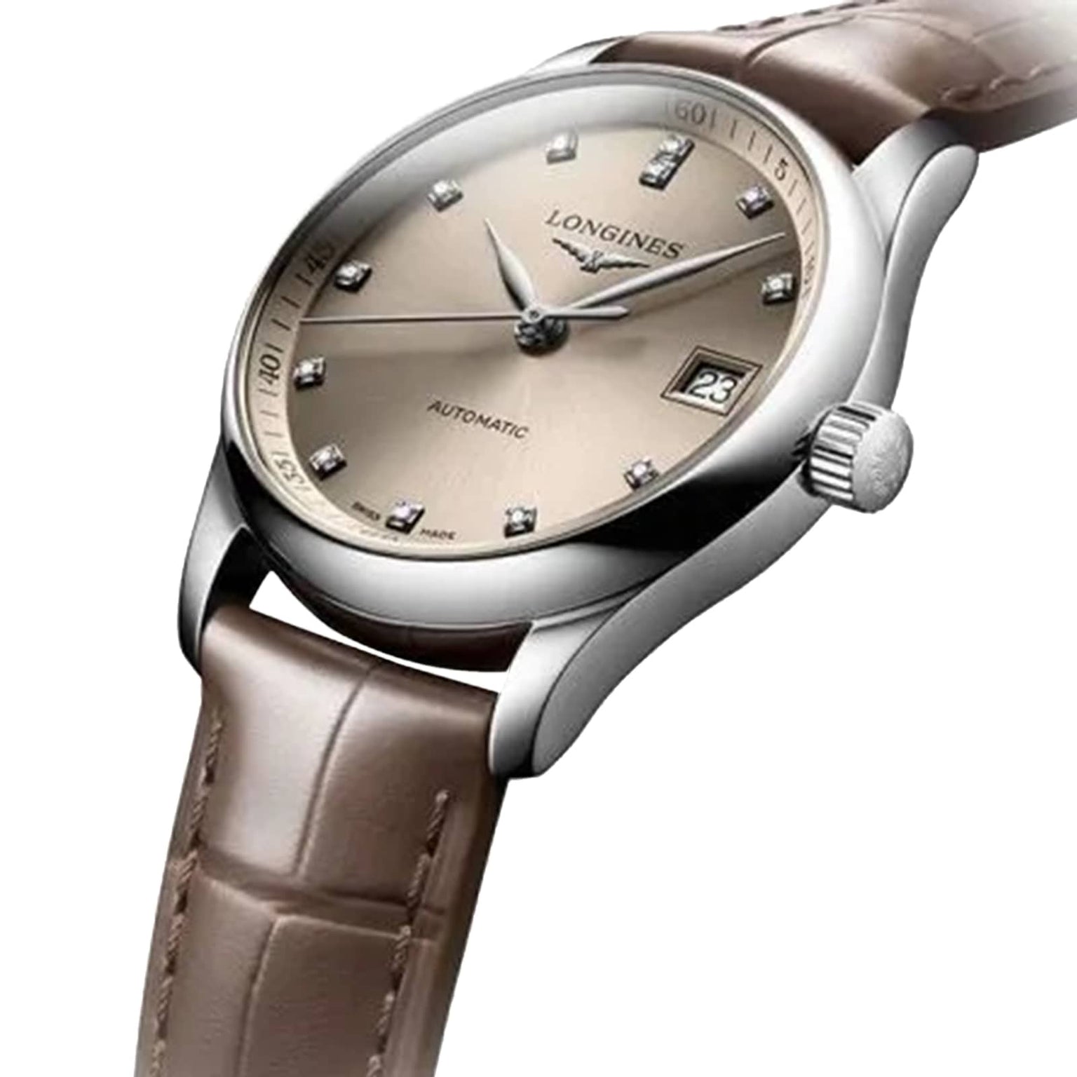 The Longines Master Collection features a silver automatic wristwatch with a beige dial, diamond hour markers, date display, and a brown leather strap—a refined luxury timepiece.