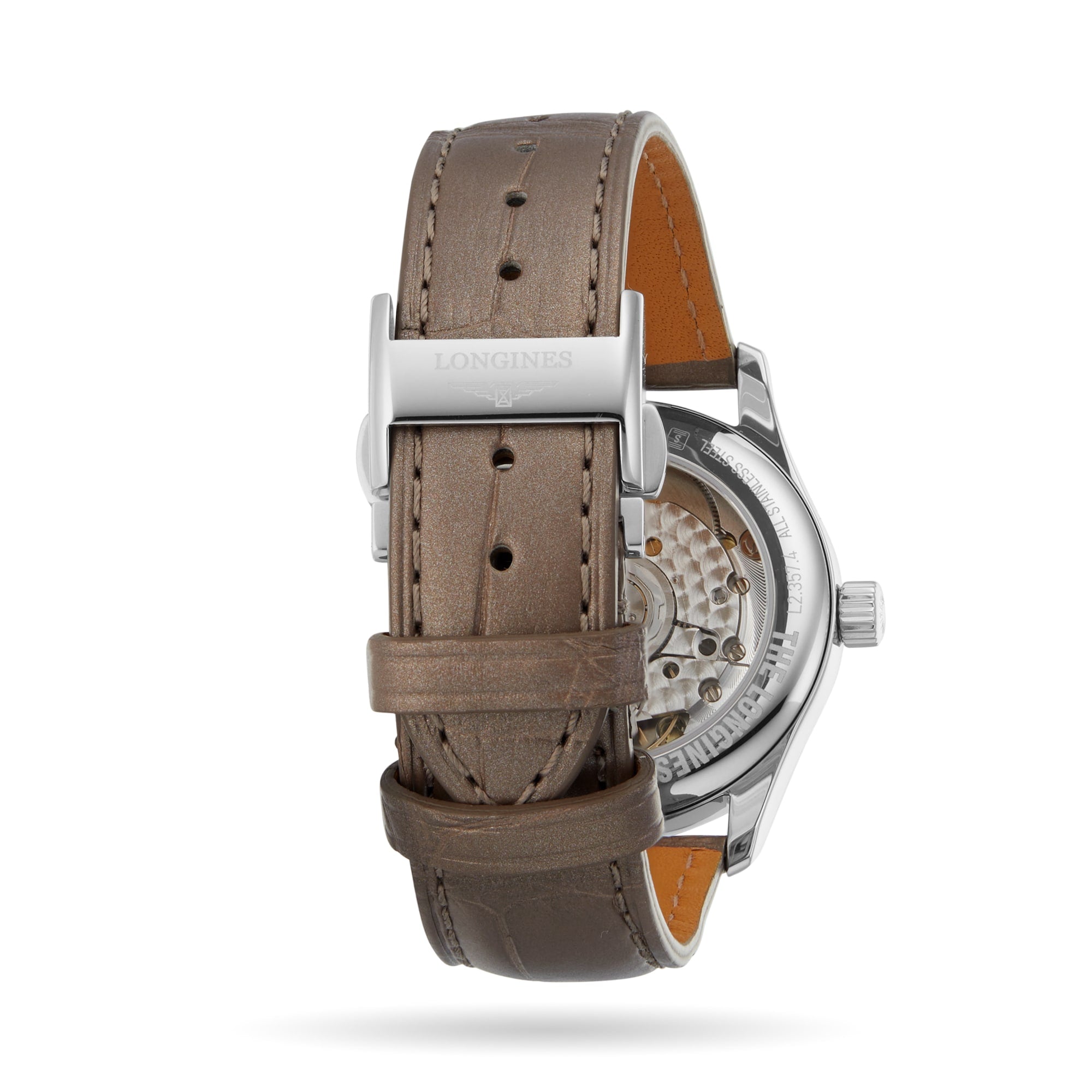 The back view of the Longines Master Collection displays its automatic movement through the caseback, complemented by a brown leather strap and stainless steel buckle engraved with Longines for an elegant finish.