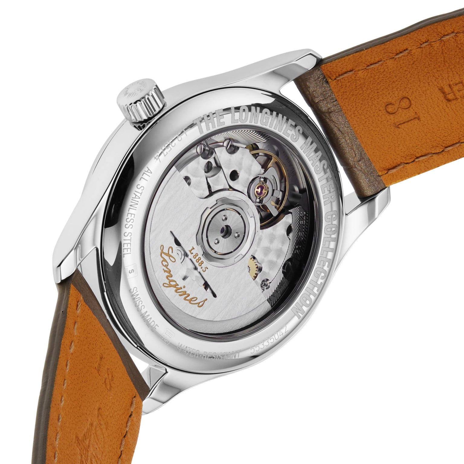 Close-up of the Longines Master Collection watch’s back, displaying its intricate automatic movement through a transparent case and paired with a brown leather strap.