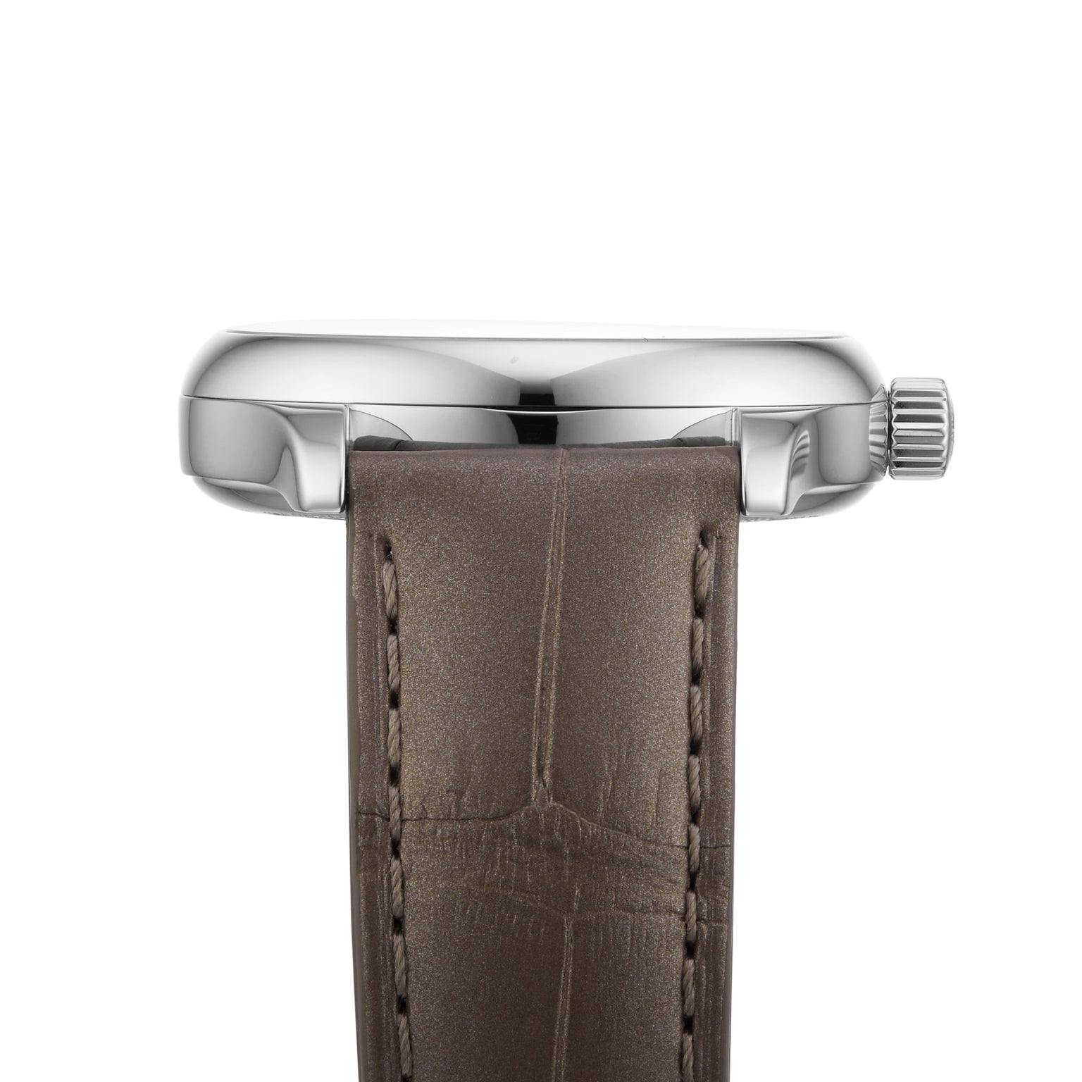 Side view of the Longines Master Collection watch, showcasing a silver case, brown leather strap with detailed stitching, and prominent crown.