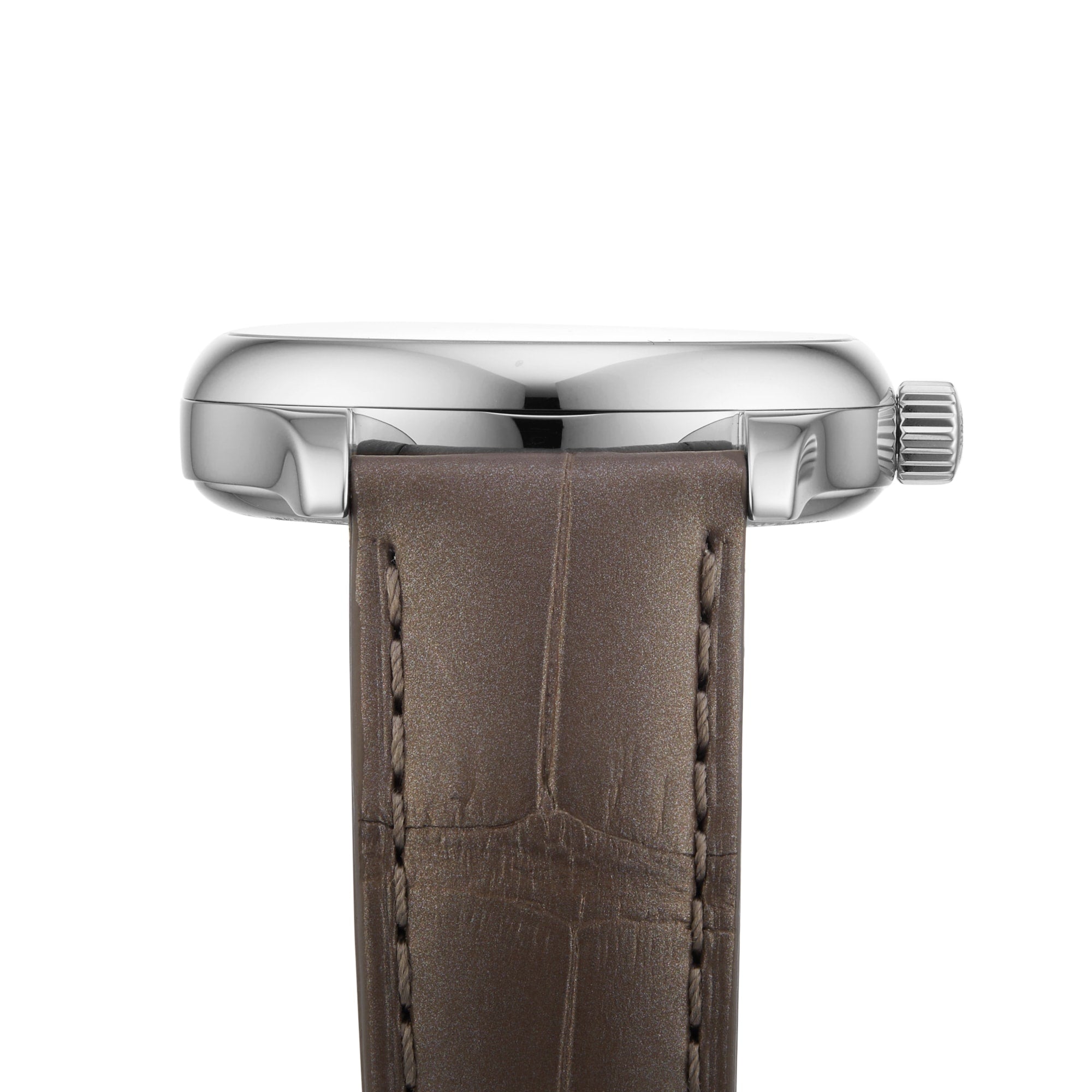 Side view of the Longines Master Collection watch, showcasing a silver case, brown leather strap with detailed stitching, and prominent crown.