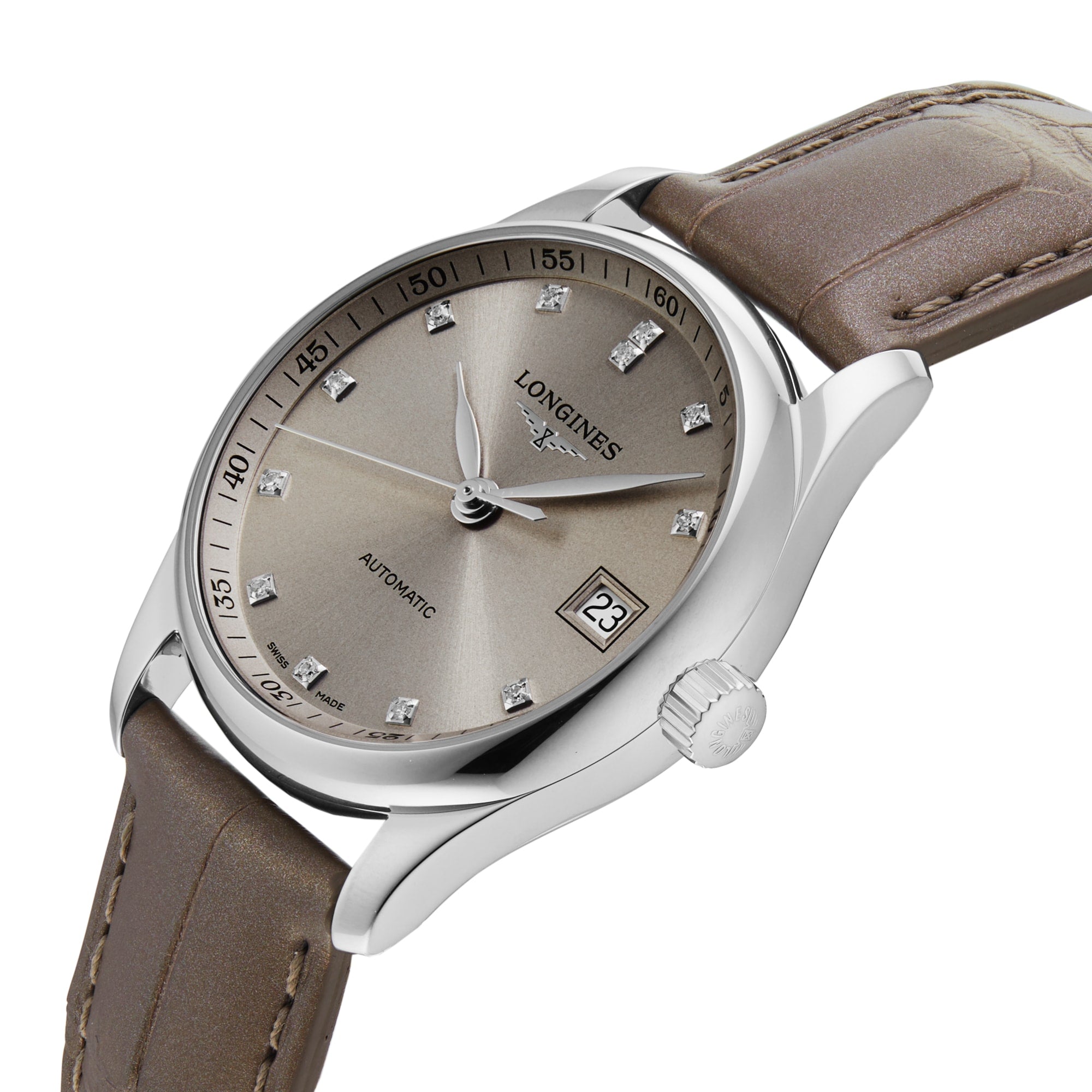 The Longines Master Collection watch features automatic movement, diamond hour markers, a date window at 3 o’clock, and a brown leather strap.