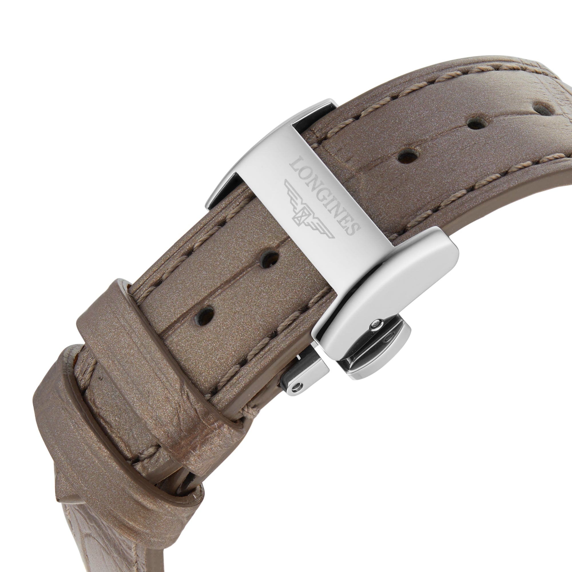Close-up of a brown leather strap with a stainless steel clasp engraved with the Longines logo, highlighting the refined elegance of the Longines Master Collection timepiece.