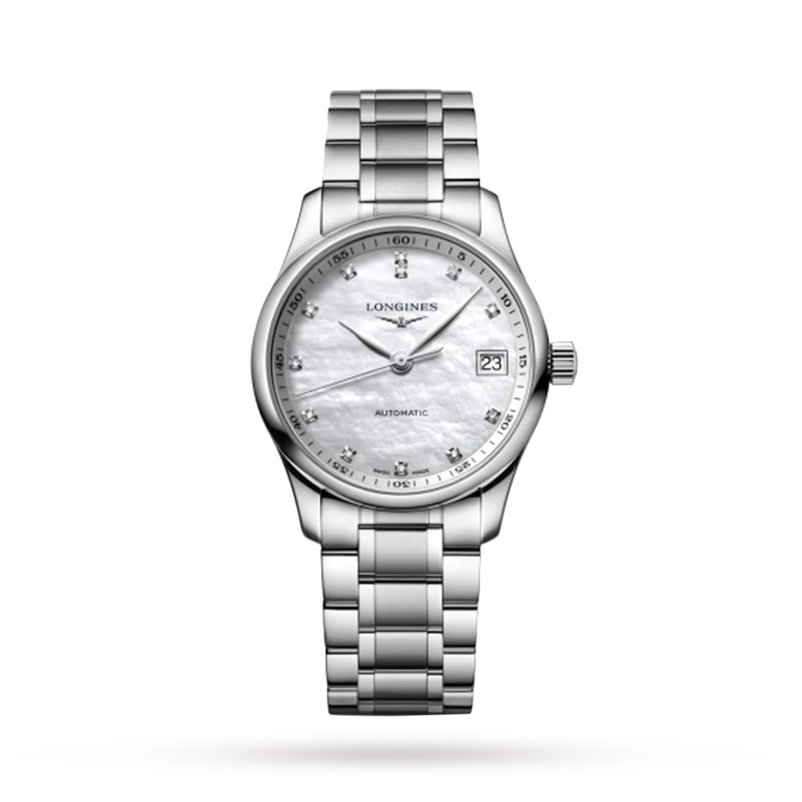 The Longines Master Collection wristwatch features a stainless steel bracelet, round white dial with diamond hour markers, and a date display at 3 o’clock—showcasing refined horological craftsmanship.