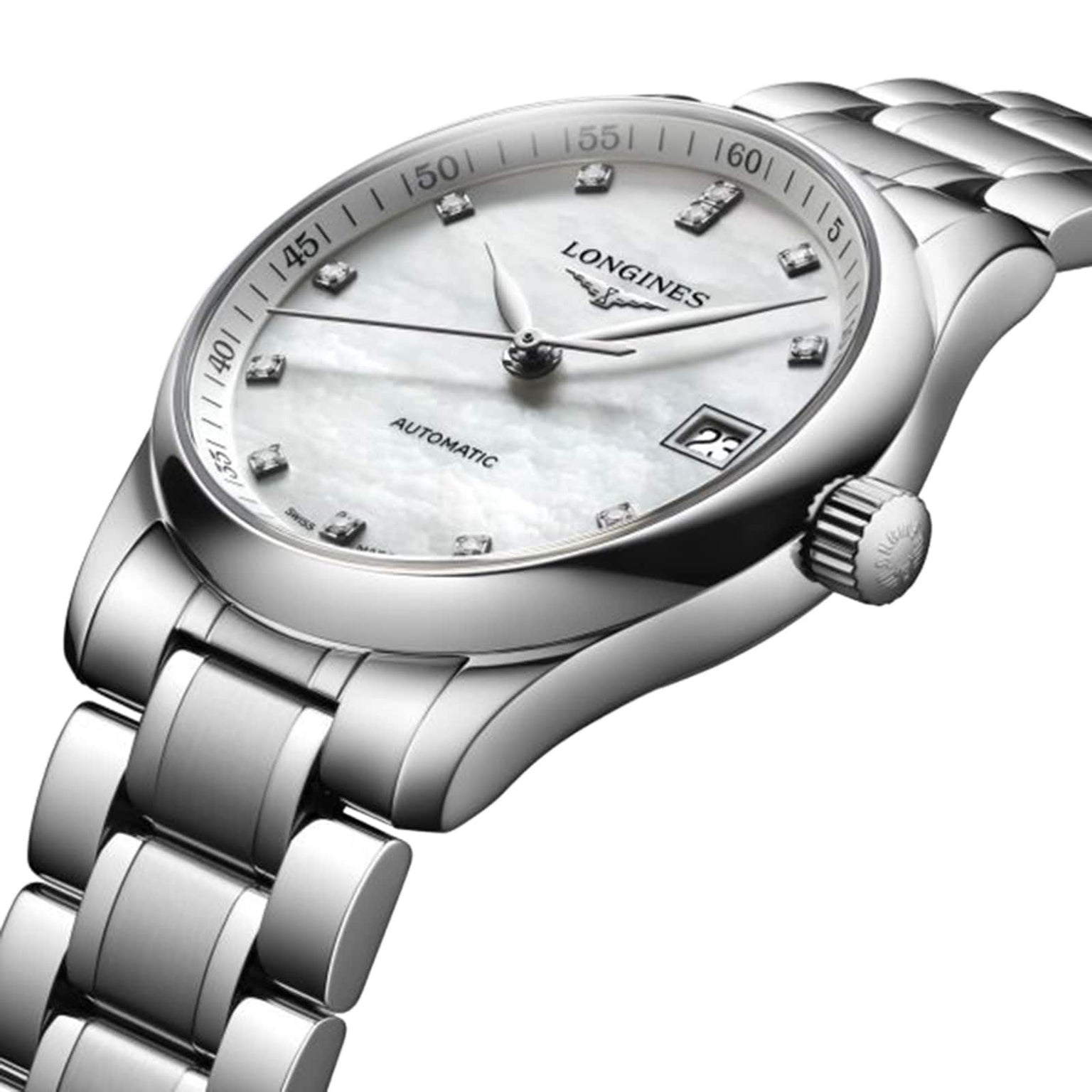 The Longines Master Collection wristwatch features a silver case, white dial with diamond hour markers, date at 3 o’clock, and automatic movement, displayed from an angle—an elegant example of horological craftsmanship.