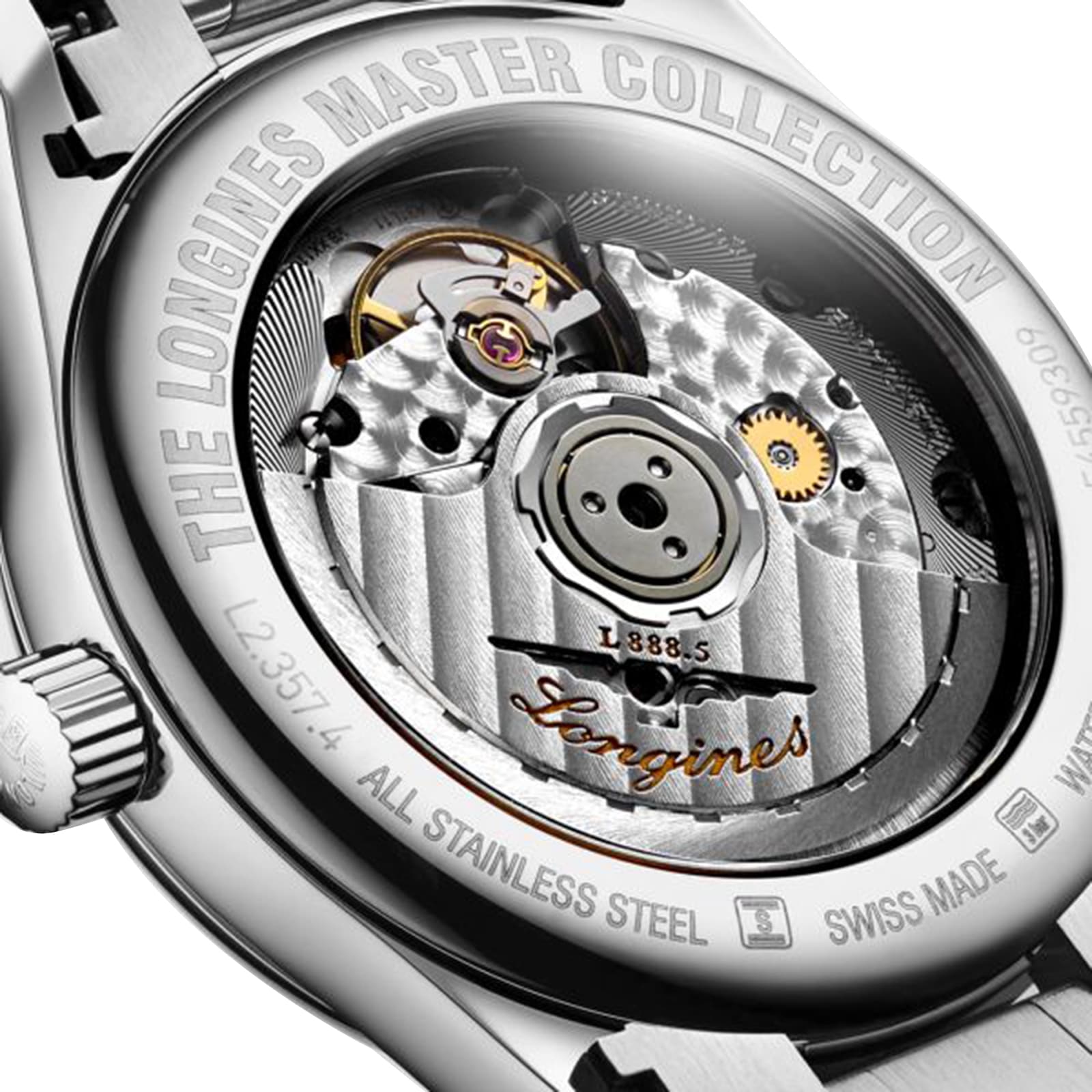 Close-up of the Longines Master Collection watch back, highlighting its automatic movement and expertly engraved stainless steel case.
