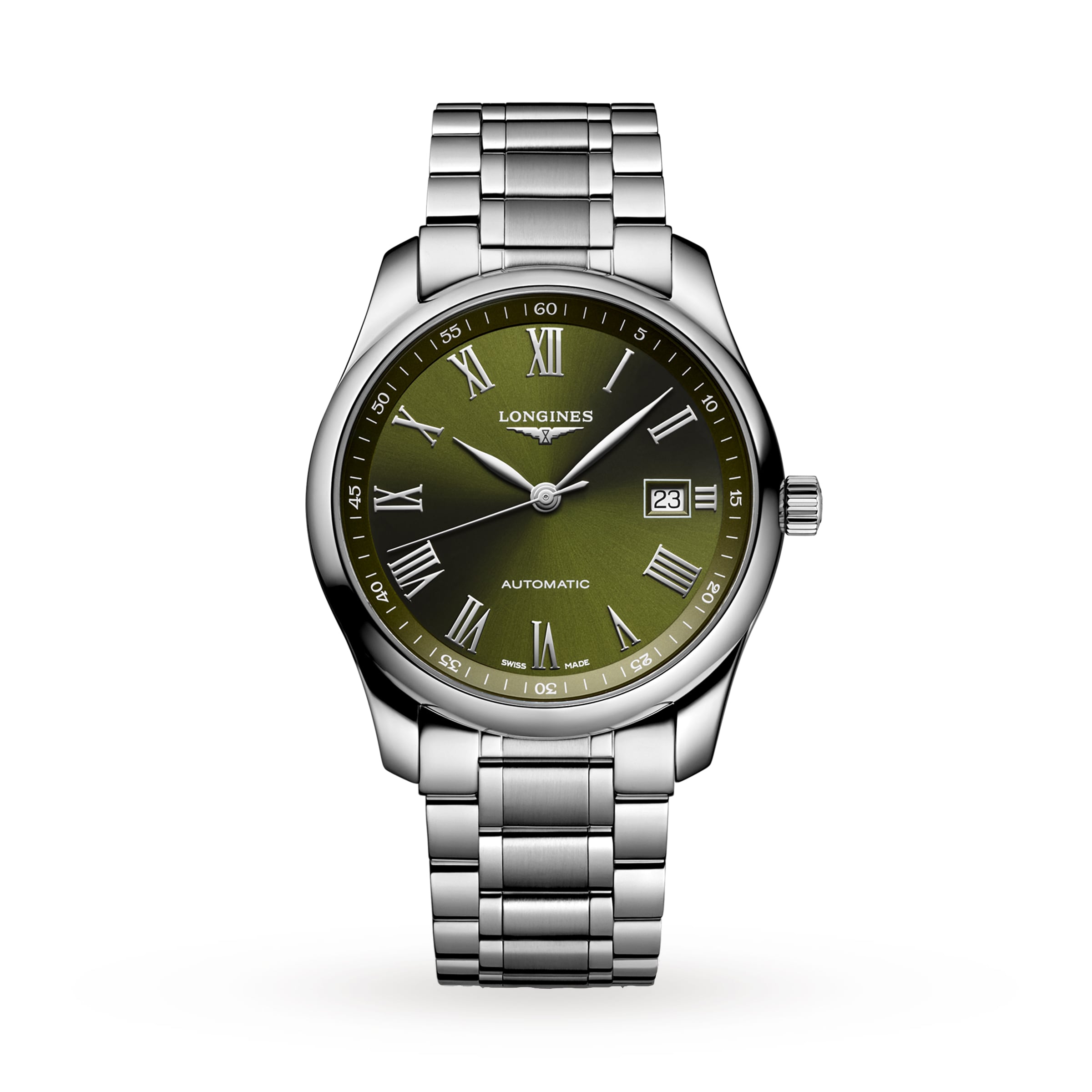 The Longines Master Collection features a silver wristwatch with a green dial, Roman numeral hour markers, a date window at 3 o’clock, and a metal link bracelet for refined craftsmanship.