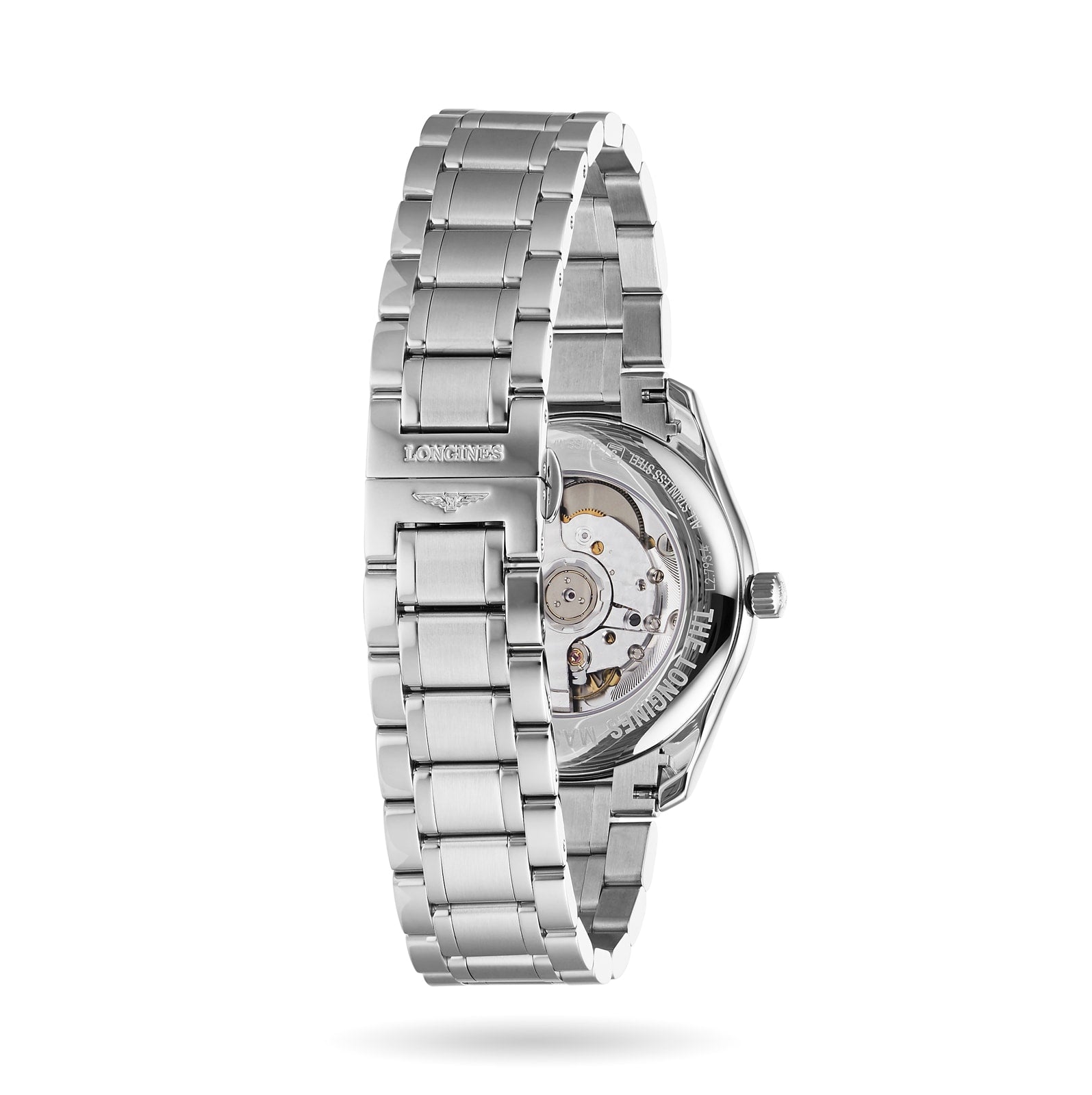 The Longines Master Collection stainless steel wristwatch showcases horological craftsmanship, with a transparent case back revealing the automatic movement and Longines branding on both the clasp and rotor.