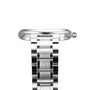 Side view of a Longines Master Collection silver metal wristwatch with a polished and brushed link band, slim case, and right-side crown, displayed against a white background.