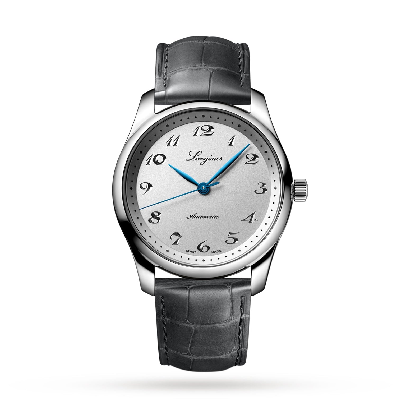 The Longines Master Collection features a silver automatic watch with a white dial, black numerals, blue hands, silicon balance-spring, and a textured dark grey leather strap, shown on a white background.