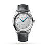 The Longines Master Collection features a silver automatic watch with a white dial, black numerals, blue hands, silicon balance-spring, and a textured dark grey leather strap, shown on a white background.