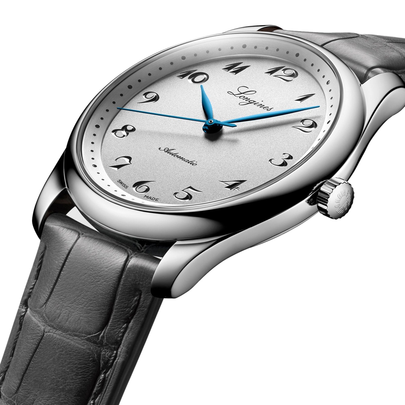 A Longines Master Collection silver analog wristwatch with blue hands, black Arabic numerals, a gray leather strap, and a silicon balance-spring is elegantly displayed—an exclusive piece for discerning collectors.