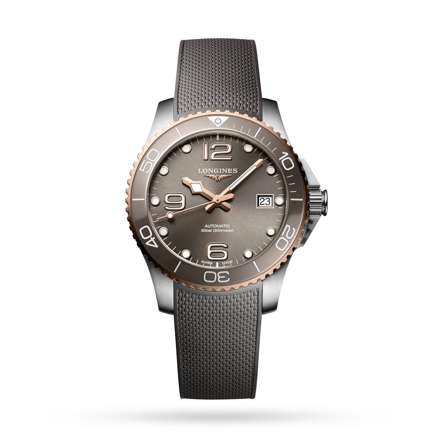 A Longines HydroConquest automatic watch with a grey dial, rose gold bezel, Swiss Super-LumiNova hands, date display, and textured grey strap is displayed against a white background.