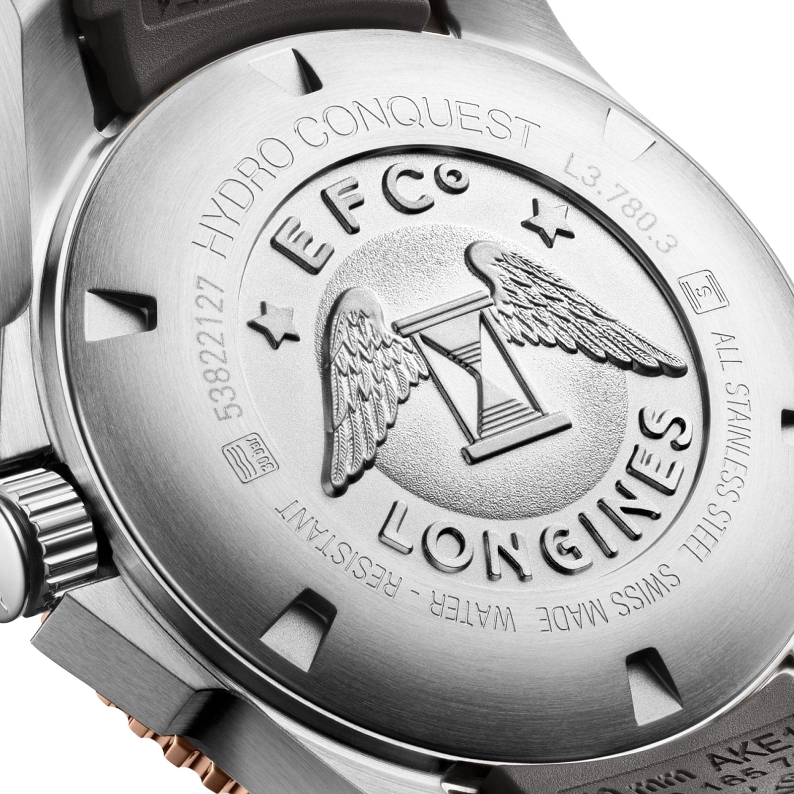 Close-up of the Longines HydroConquest back displays its engraved logo, stainless steel finish, and water-resistant design. Swiss Super-LumiNova provides excellent readability in all conditions.