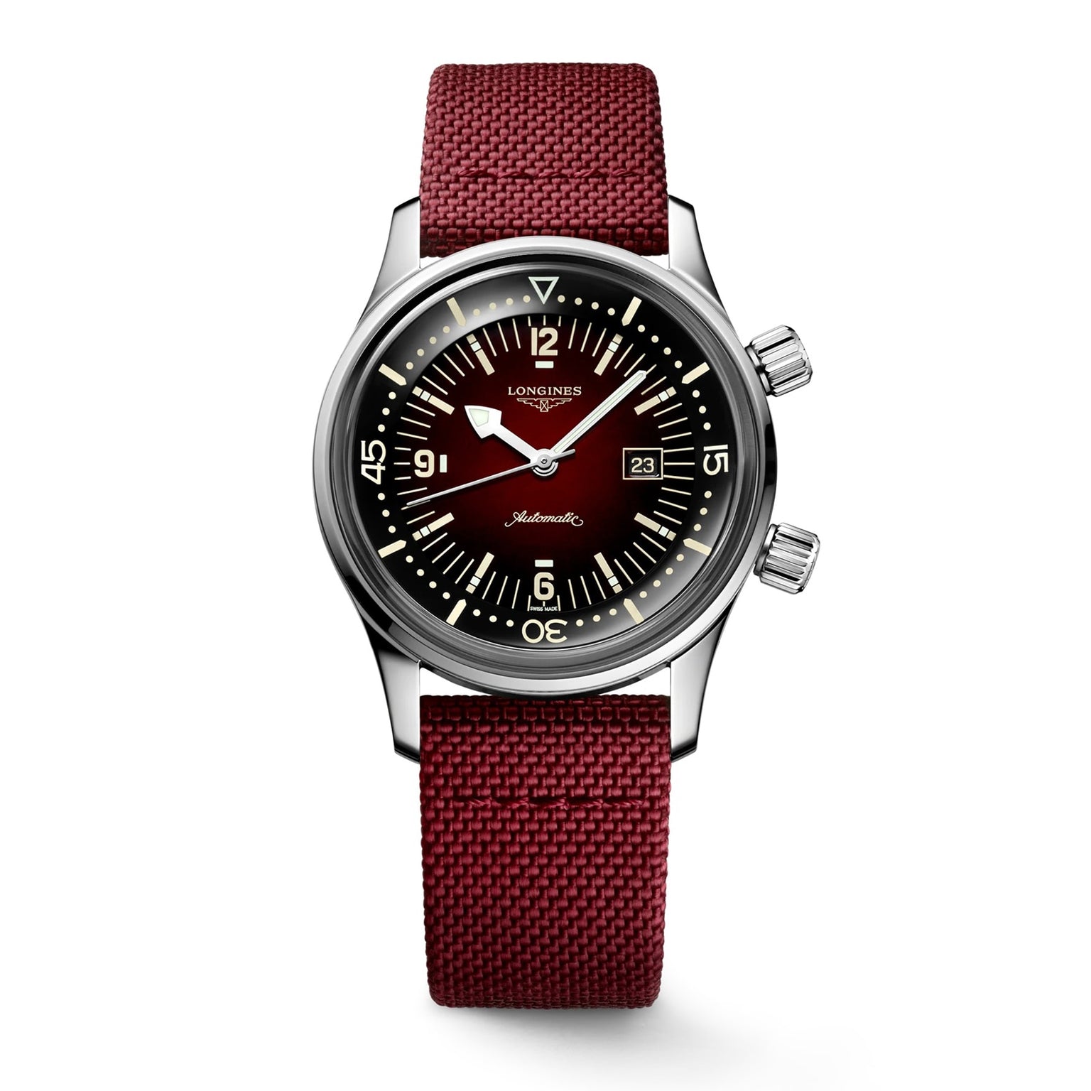 The Longines Legend Diver is a stainless steel watch with a dark red dial, date display, two crowns, automatic movement, and a textured burgundy strap—highlighting the signature Longines brand logo.