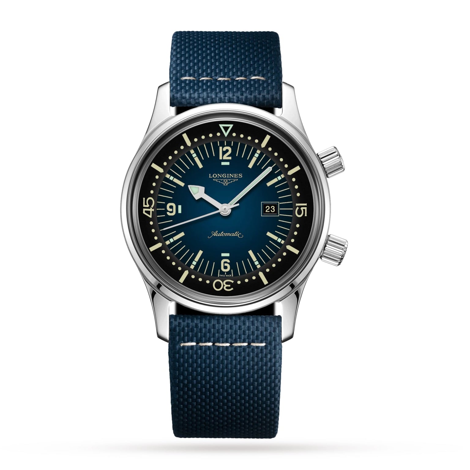 The Longines Legend Diver stainless steel watch features automatic movement, a blue dial, two crowns, a date display, and a textured blue strap, displayed against a white background.