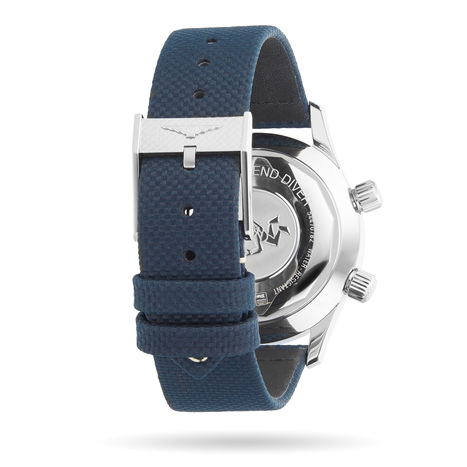 Back view of the Longines Legend Diver, featuring a blue textured strap, silver buckle, and stainless steel case with engraved back displaying its automatic movement.