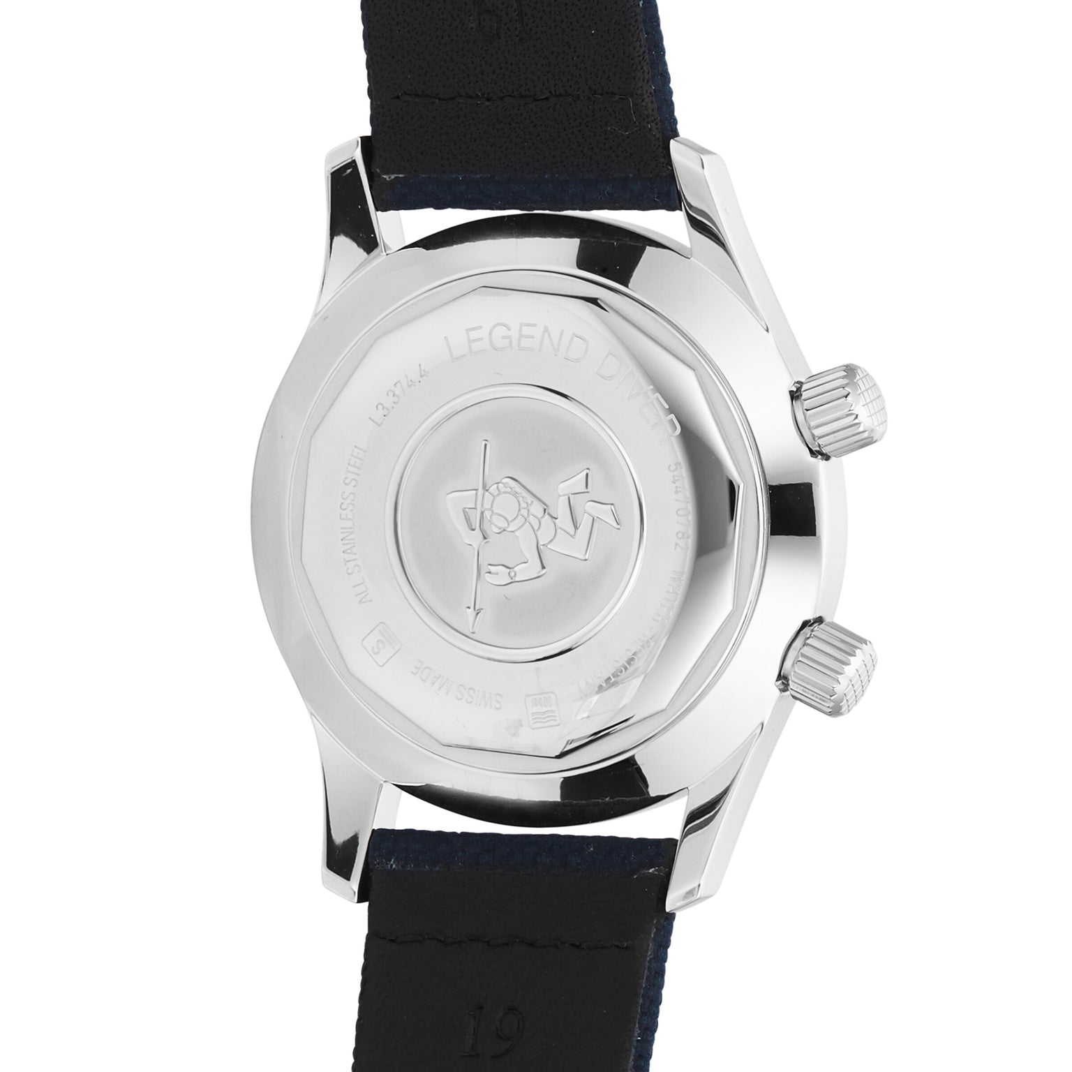 Back view of the Longines Legend Diver watch case, showcasing an engraved diver motif, automatic movement, and a black leather strap.