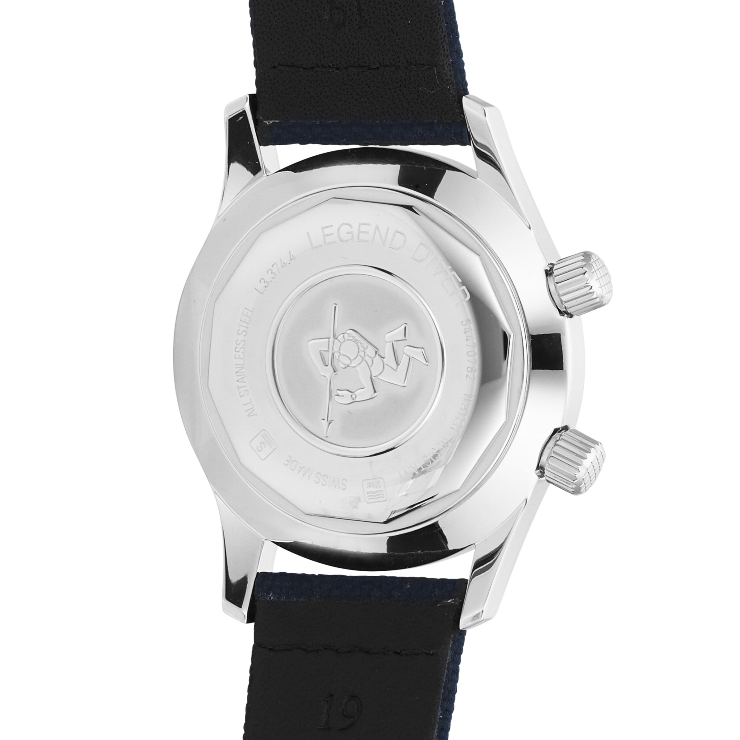 Back view of the Longines Legend Diver watch case, showcasing an engraved diver motif, automatic movement, and a black leather strap.