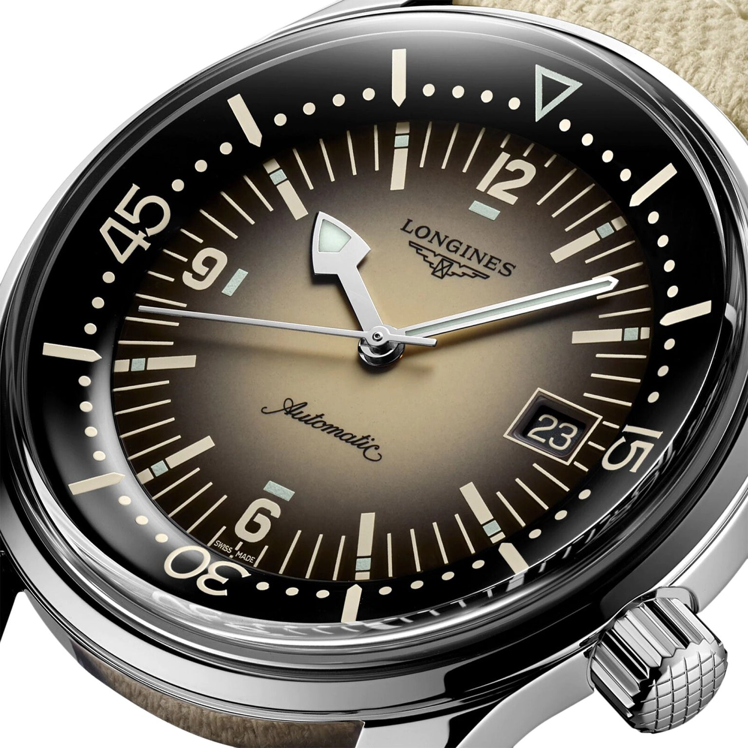 Close-up of the Longines Legend Diver, showcasing its gradient dial, date display at 3 o’clock, bold hour markers, and polished metal case housing an L888 calibre movement.