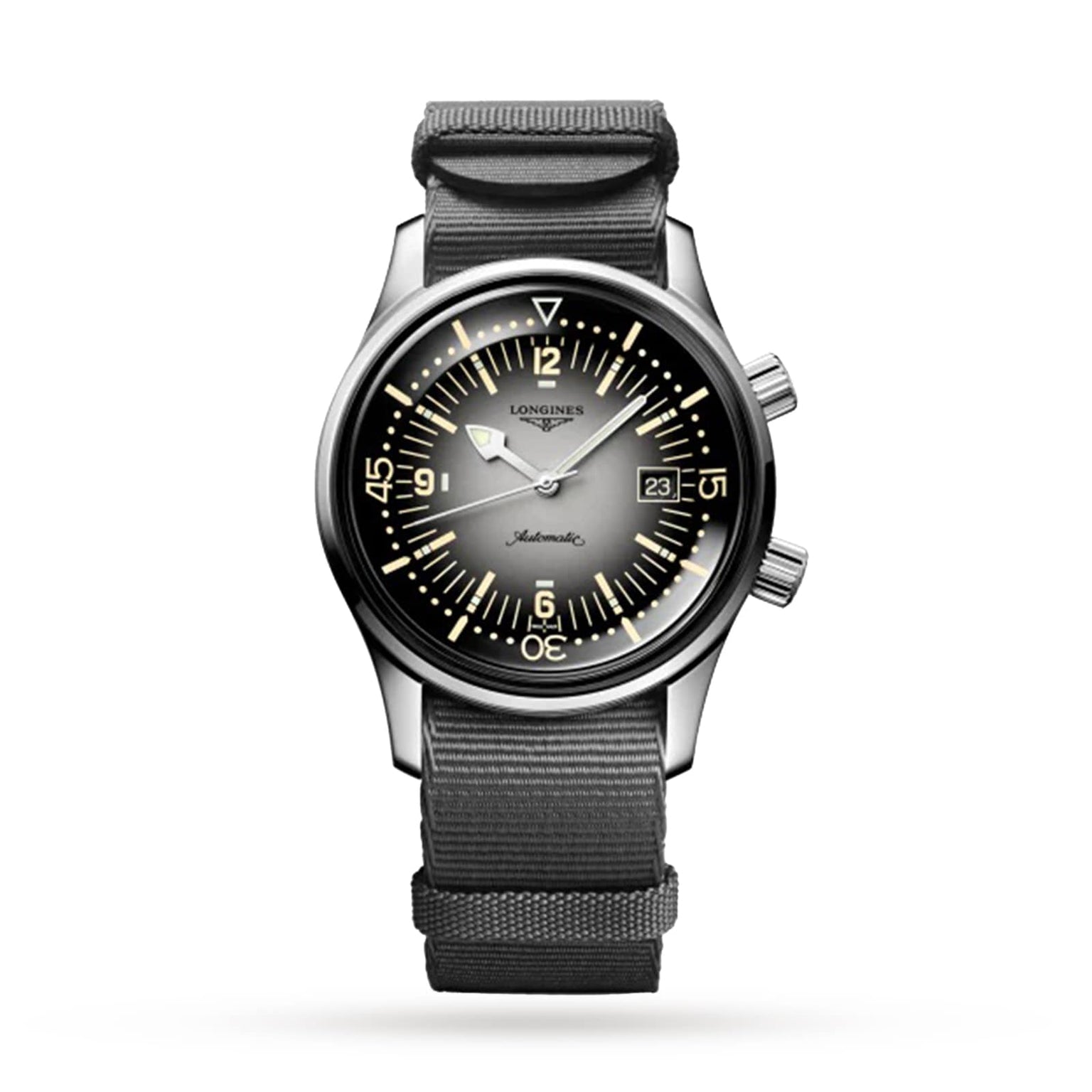 The Longines Legend Diver features a stainless steel case, black nylon strap, gradient black-to-silver dial with white luminescent markers, date at 3 oclock, two right-side crowns, and is powered by the reliable L888 calibre movement.