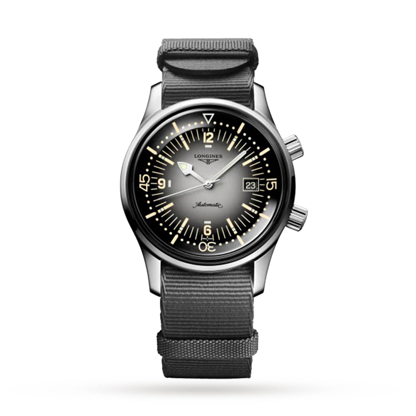 The Longines Legend Diver features a stainless steel case, black nylon strap, gradient black-to-silver dial with white luminescent markers, date at 3 oclock, two right-side crowns, and is powered by the reliable L888 calibre movement.