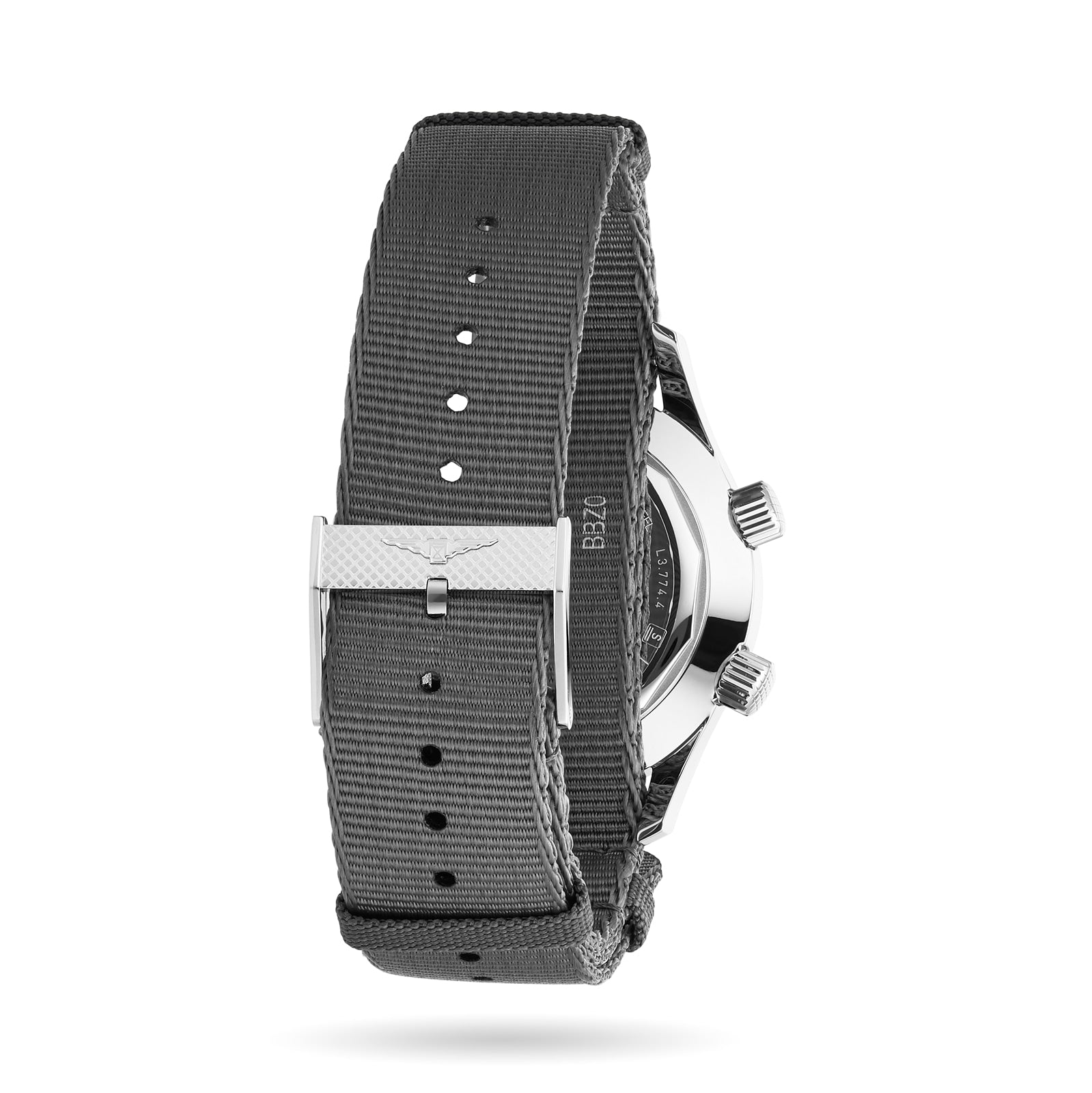 A close-up of the Longines Legend Diver watch with a gray fabric strap, silver buckle, and stainless steel case, shown from the back and highlighting its robust L888 calibre movement.