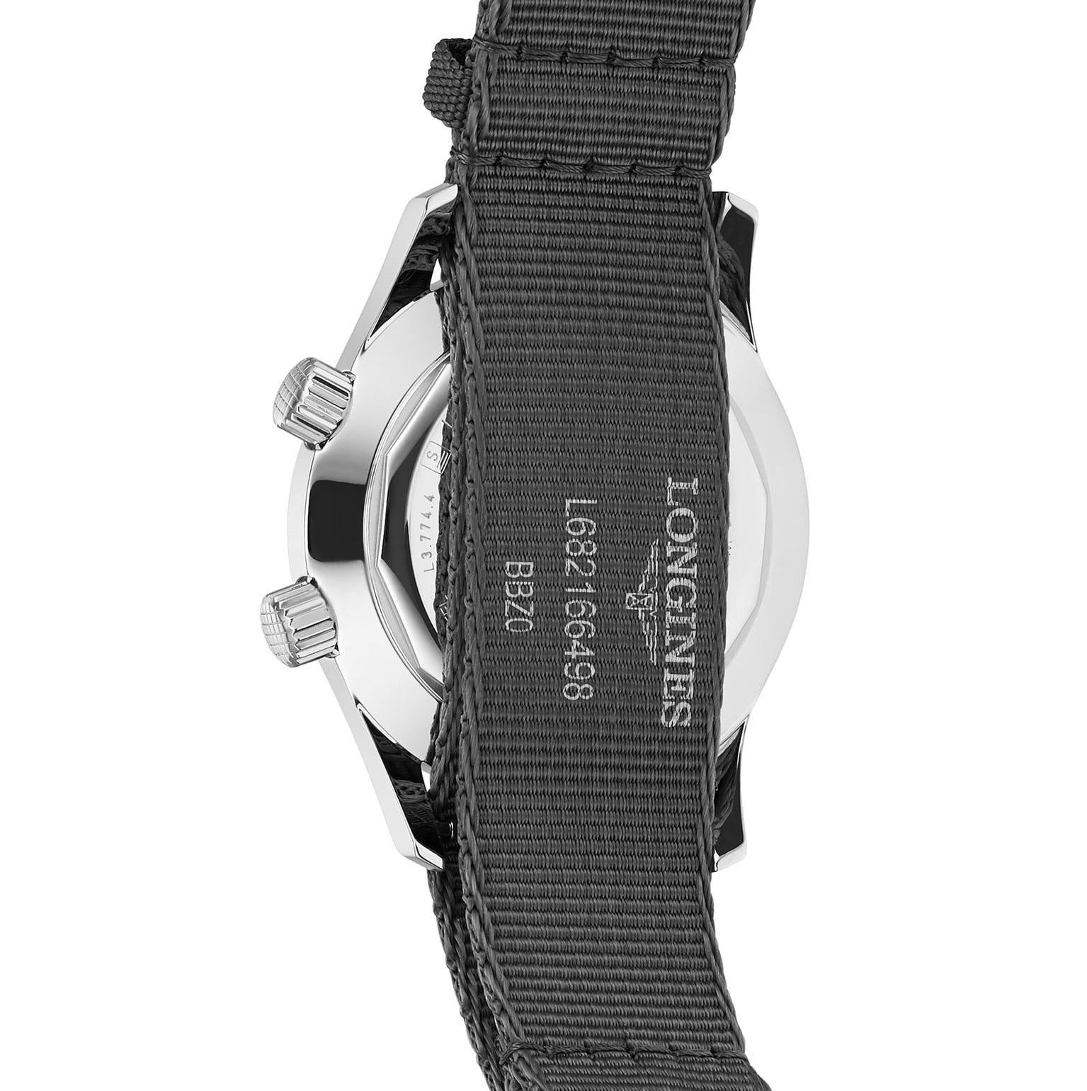 Back view of the Longines Legend Diver shows its black fabric strap, metal case with engravings, and a hint of the L888 calibre movement.