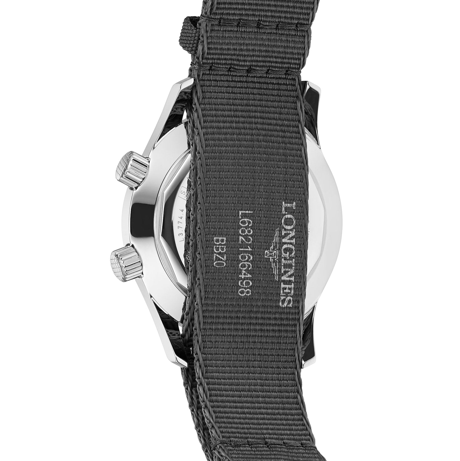 Back view of the Longines Legend Diver shows its black fabric strap, metal case with engravings, and a hint of the L888 calibre movement.